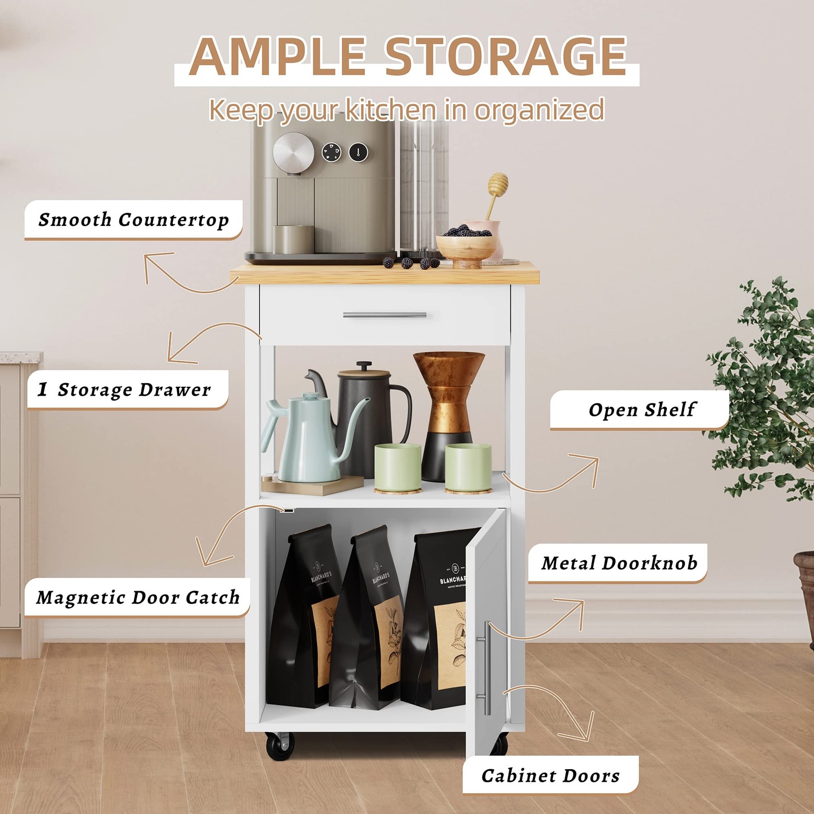 Kitchen Island Cart with Storage,Rolling Side Table on Wheels with Worktop,Si...