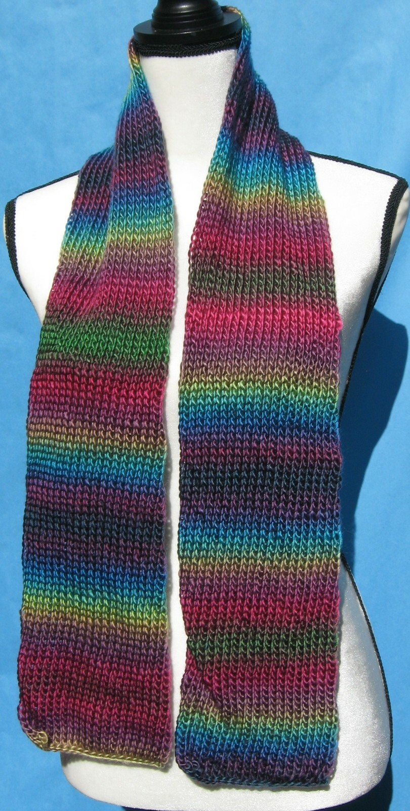Beautiful New Handmade Knitted Scarf Pink Green Purple Blue Yellow 5 inches wide