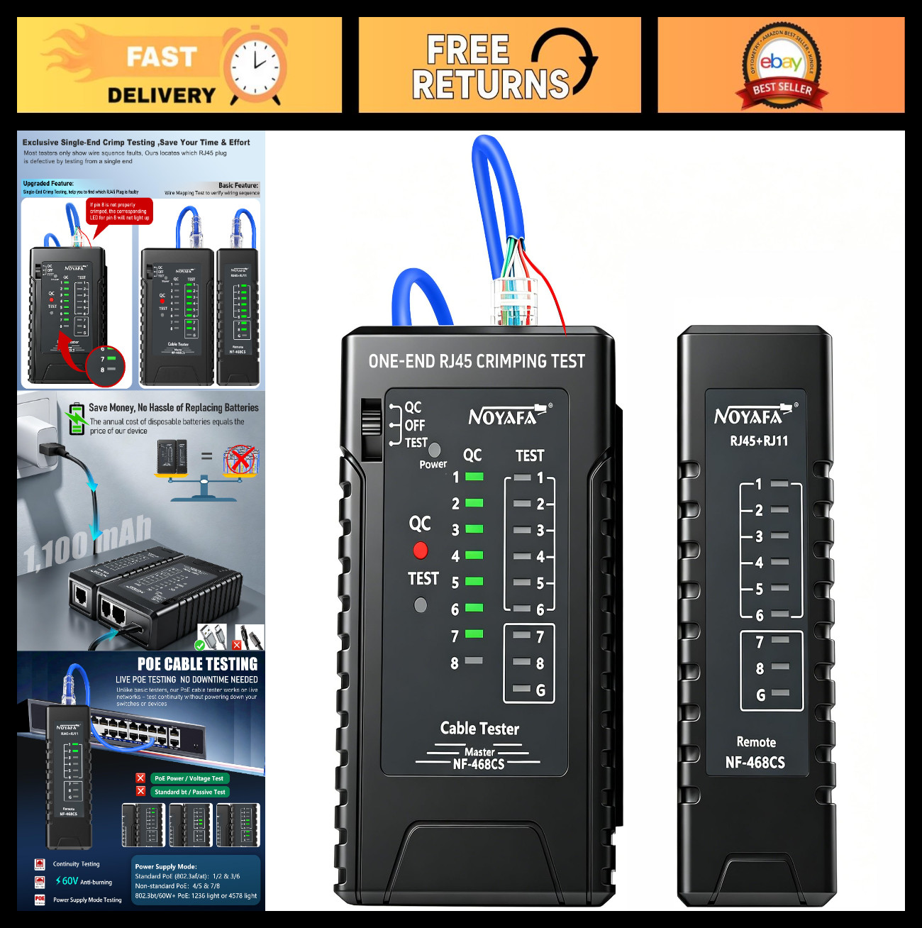 Network Cable Tester RJ45 RJ11 CAT5 CAT6 POE Ethernet Cable Mapper Tool