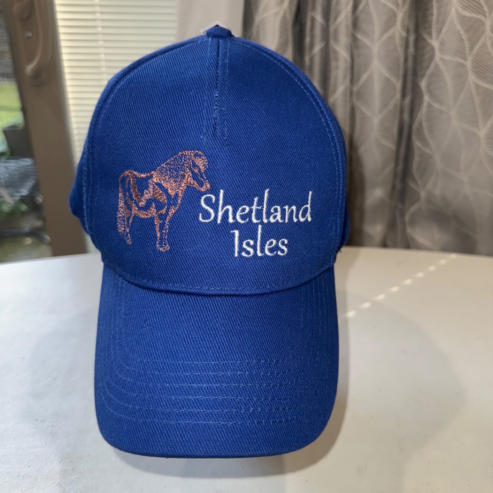 Shetland Isles w CopperEmbroidery on Royal Blue hat Cap Hook Loop EUC