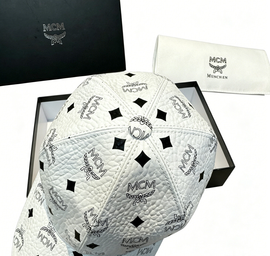 NWT Classic MCM All Over Logo Adjustable White Leather Baseball Cap