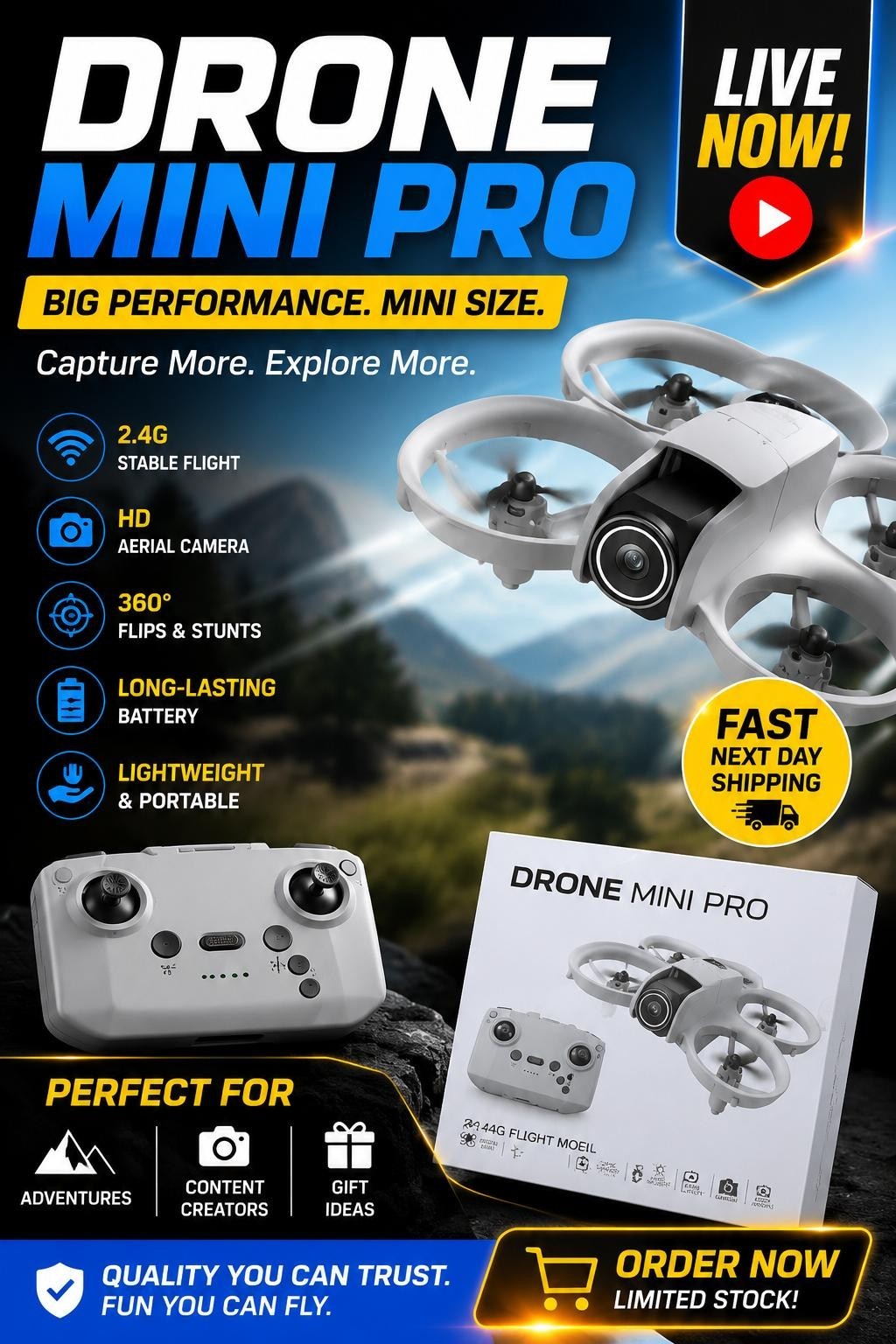 Neo Drone Mini Pro 2.4G Flight Model LED 1080p 4k Camera New in box Last one!