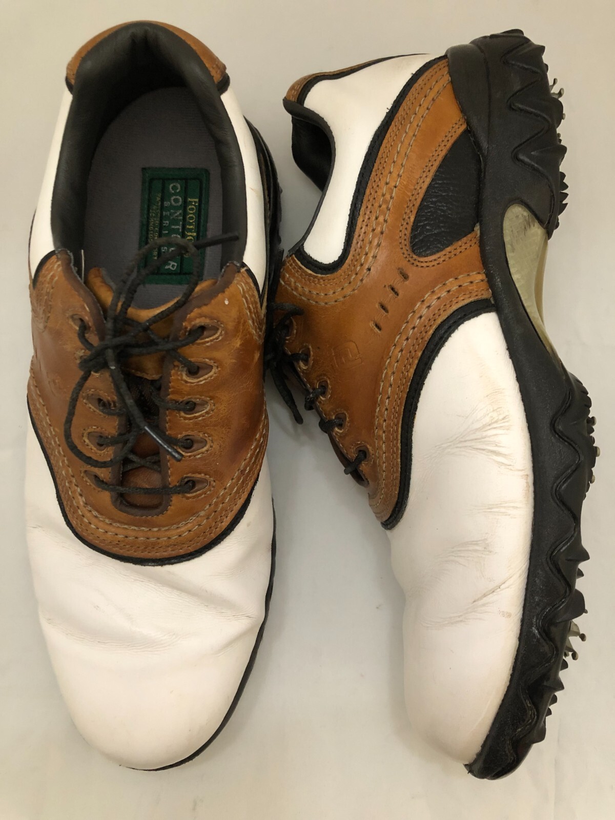 FootJoy Contour Series Men's Leather White / Brown Golf Spiked Shoes Size 9.5M