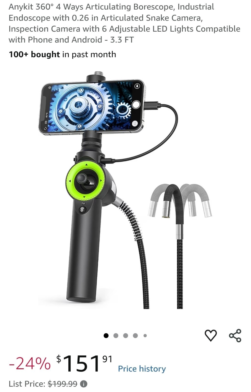 Anykit Articulating Borescope, 210° Two-Way 0.22in Slim Probe Endoscope with ...