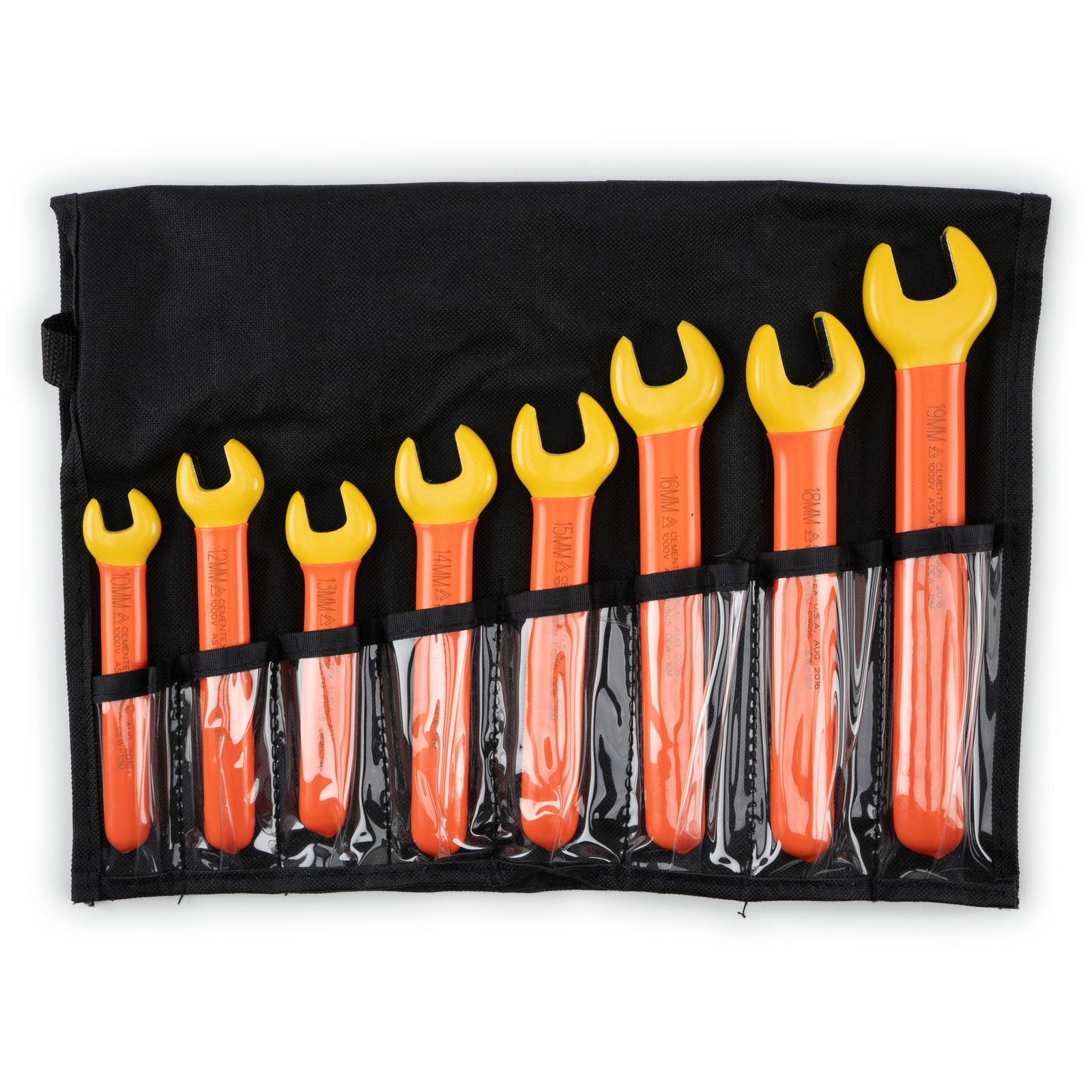 Unused 8-Piece Open End Metric Wrench Set, 10 12-16 18 19mm, Cementex Insulated