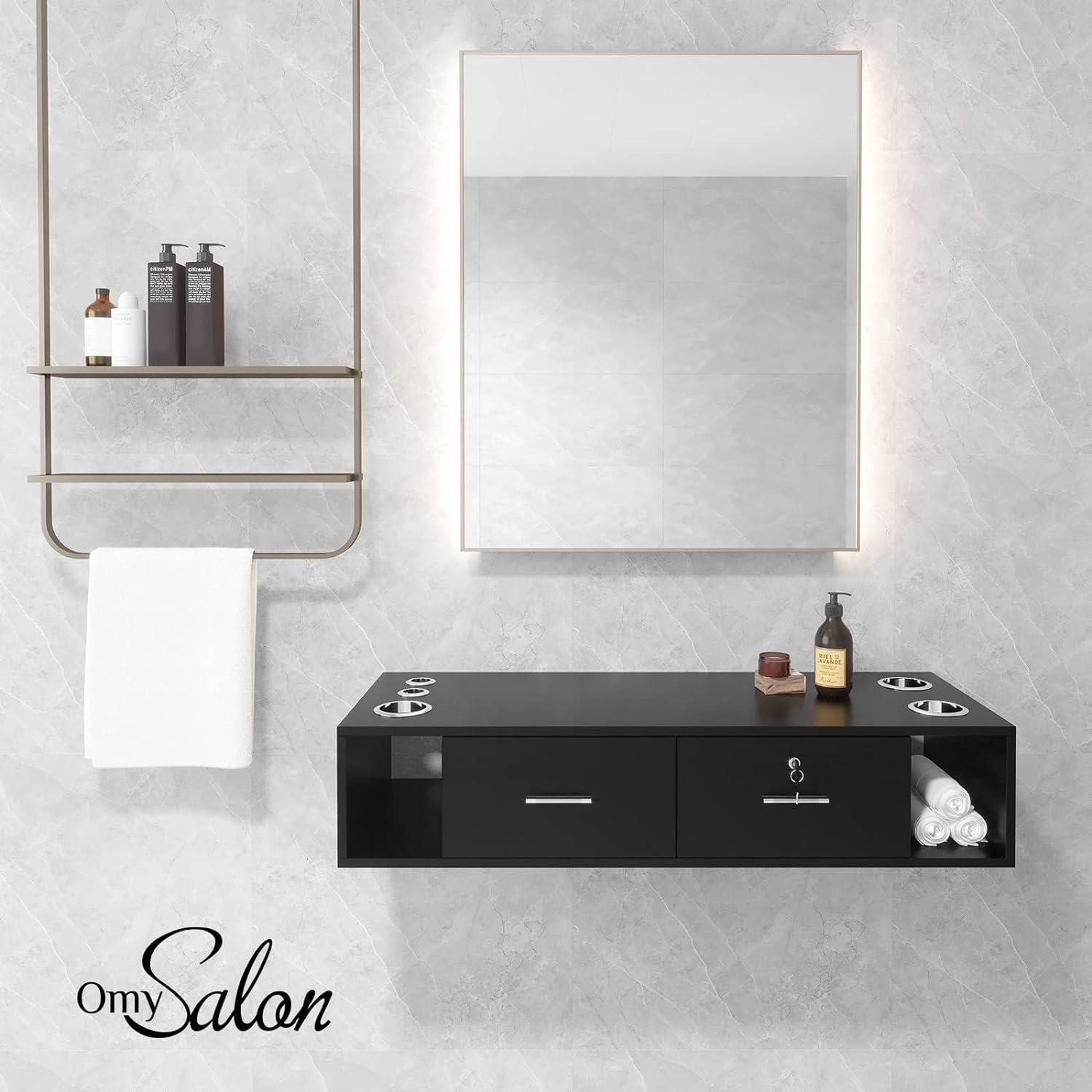Wall Mount Barber Salon Hair Stylist Station Beauty Makeup Table Desk W/ Drawers