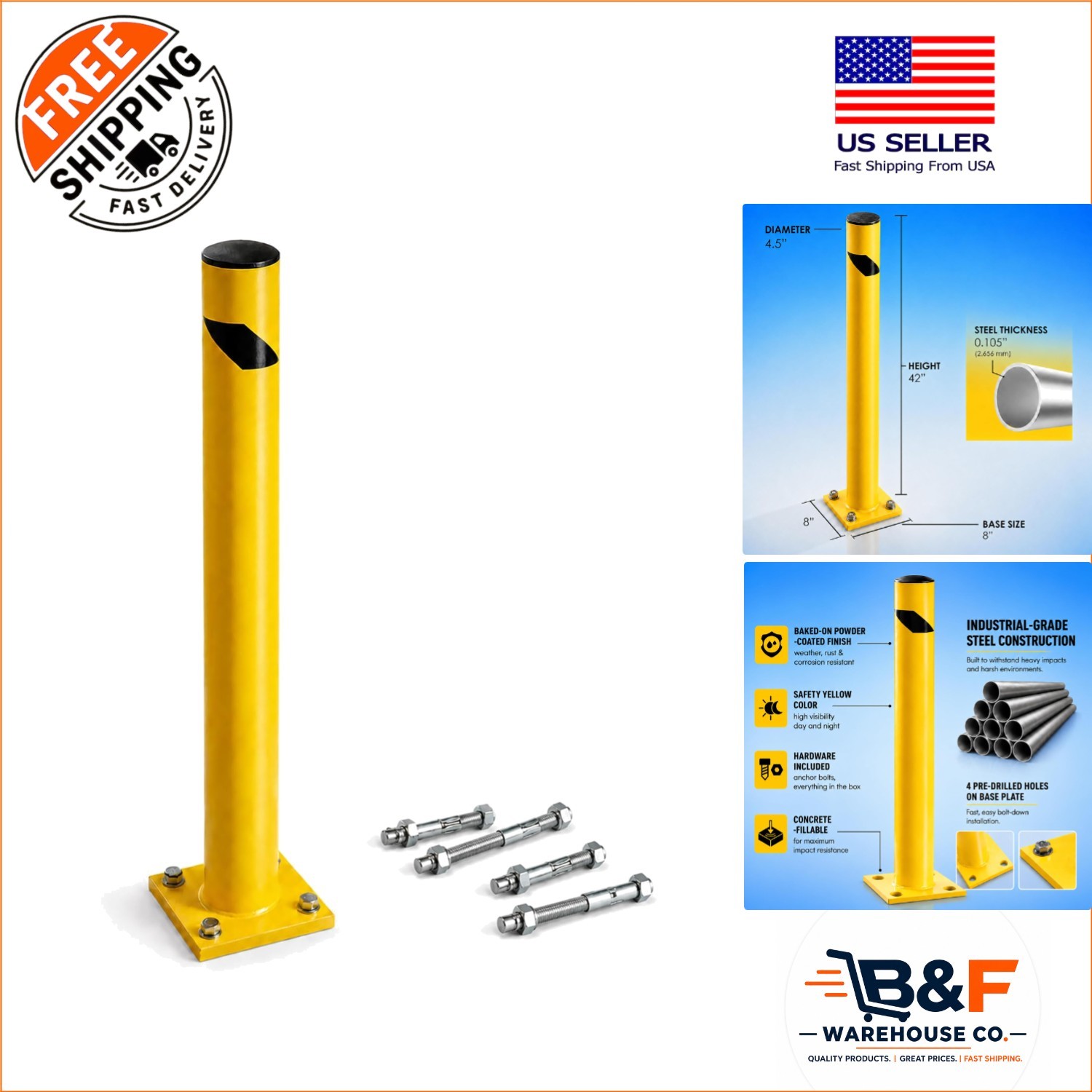 Modern 42” Steel Bollard - Impact-Resistant for Parking and Traffic Control