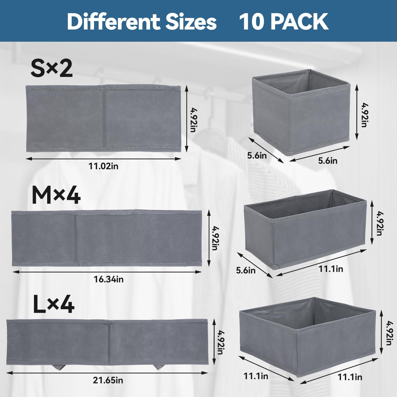 10 Pack Fabric Closet Drawer Organizer Clothes, Various Sizes Foldable Clothe...