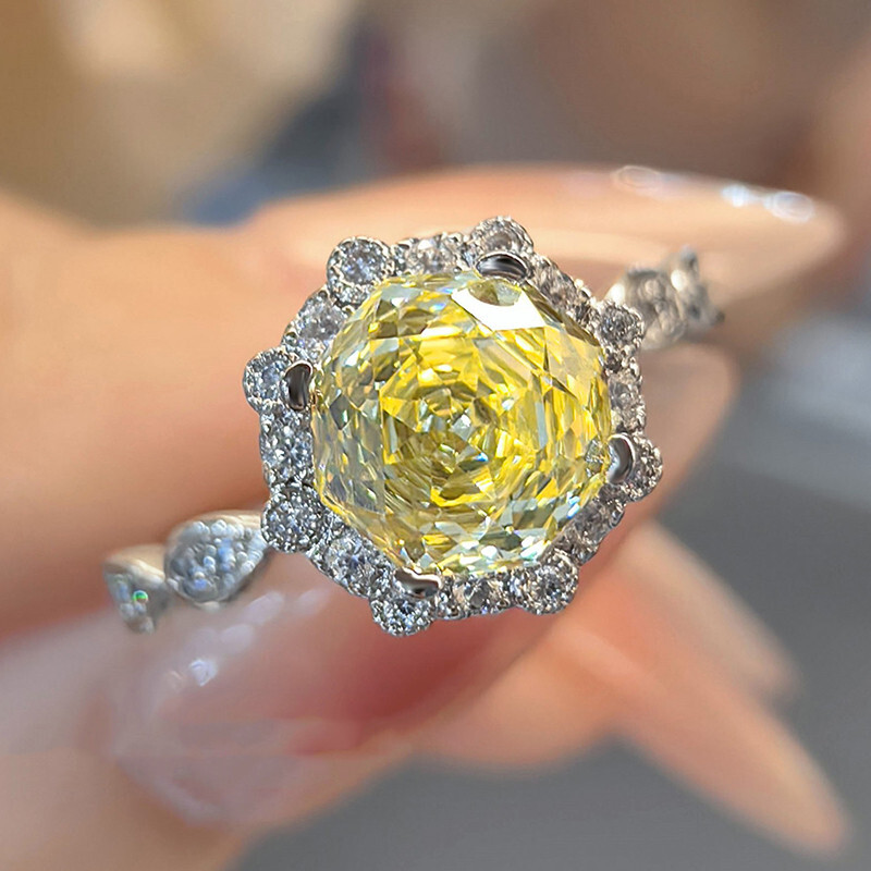 New Octagon Rose Cut Yellow Citrine Gems Fashion Women Jewelry Silver Rings