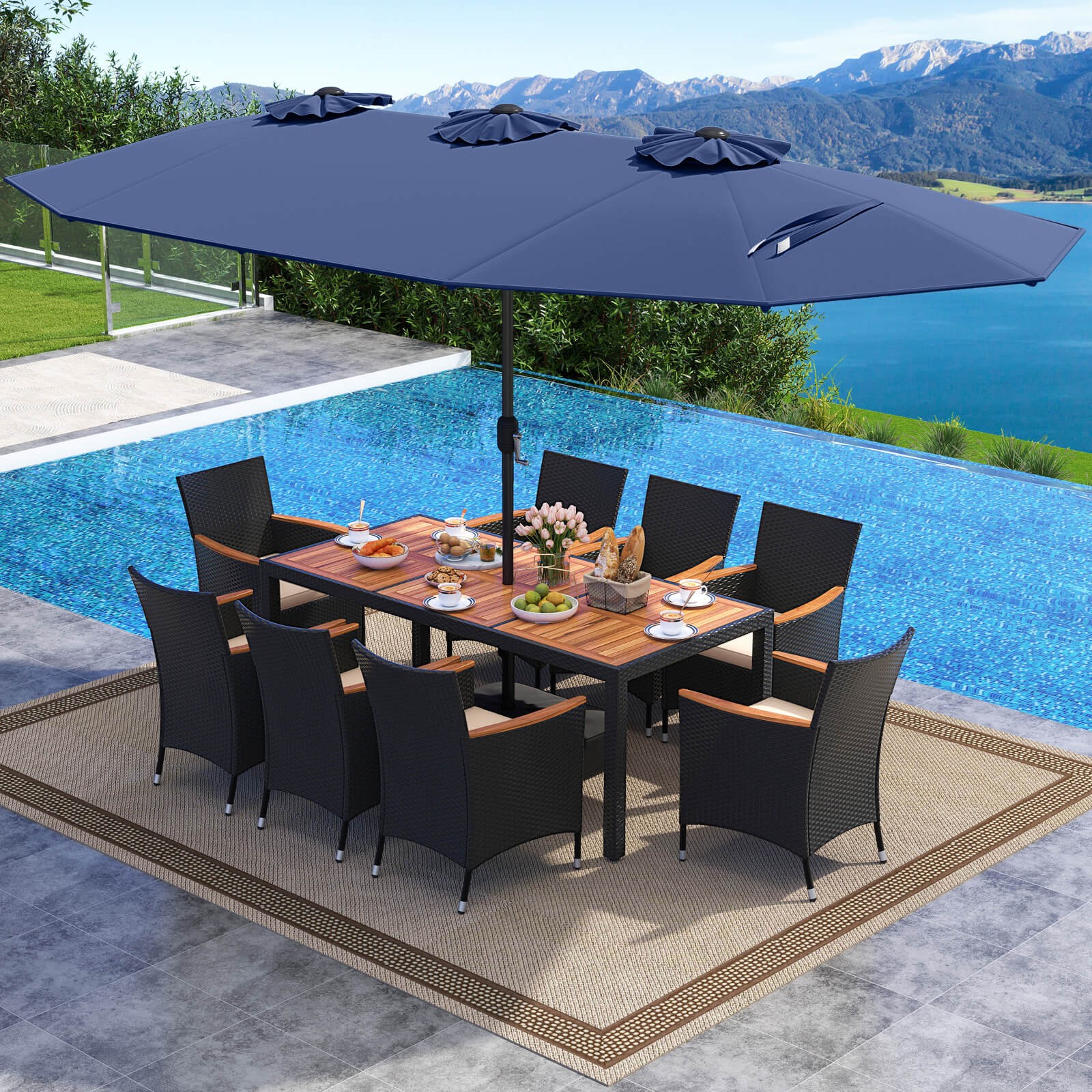 11PCS Patio Wicker Dining Set w/Double-Sided Outdoor Umbrella 8 Stackable Chairs