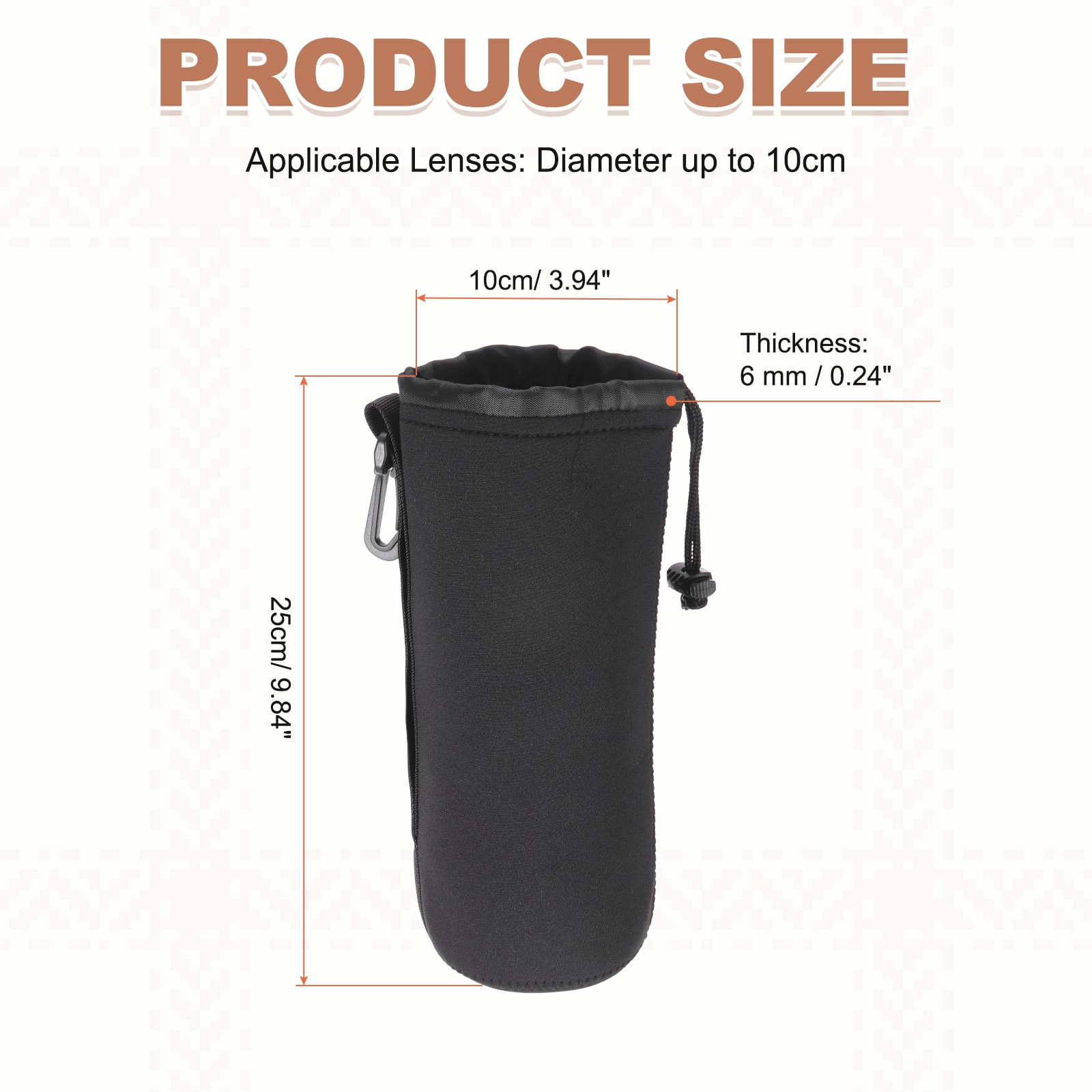 Camera Lens Pouch, 4" ID x 10" H Drawstring Lens Pouch, Black
