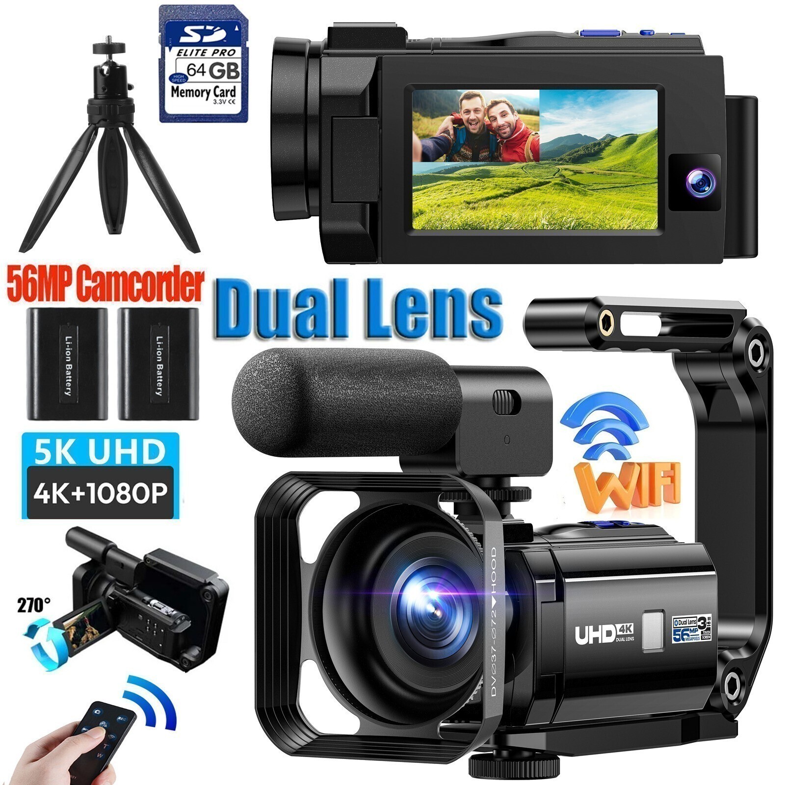 4K UHD Dual lens Video Camera 56MP WiFi Digital Vlogging Camera Camcorder Touch