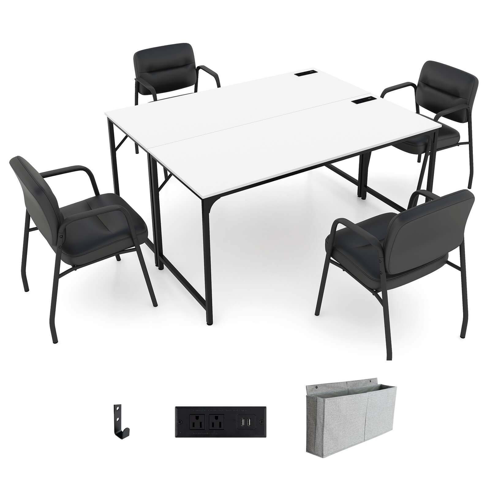 Set of 2 Meeting Room Desk w/ Recessed Power Strip Storage Bag & Headphone Hook