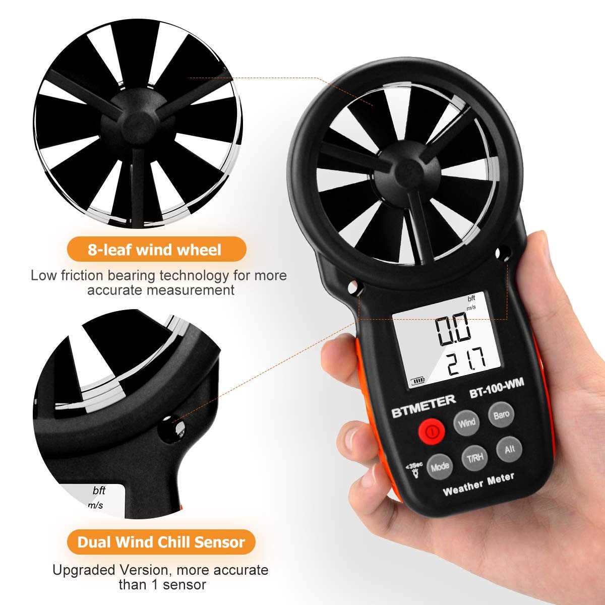 BTMETER Digital Anemometer Barometer Handheld, for Wind BT-100WM