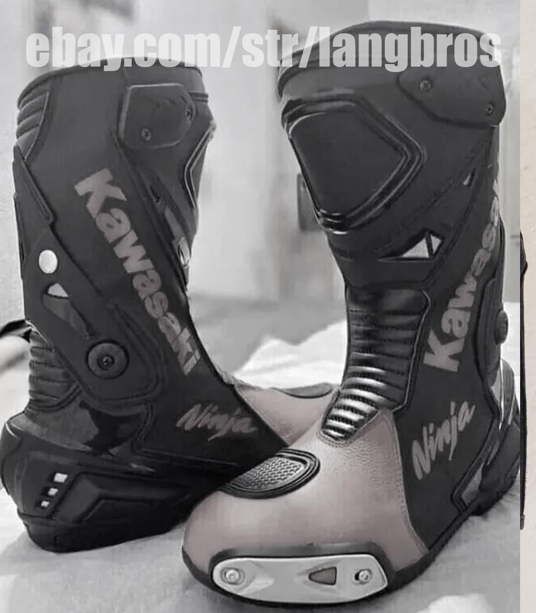 Kawasaki Leather Motorcycle Boots Black Grey Mens Kawasaki Motorbike Long Shoes