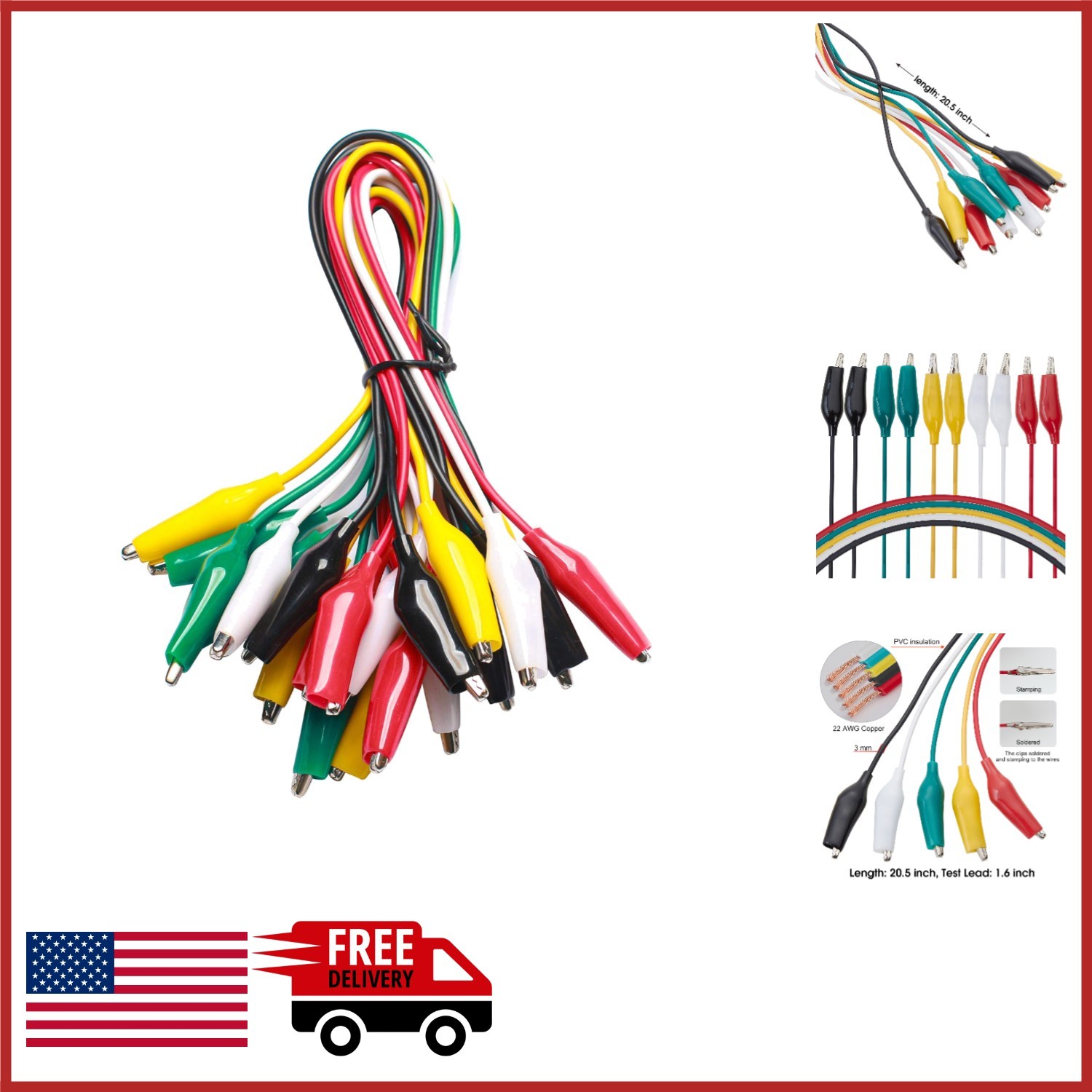 Industrial  Lead Set 10 Alligator Clips 20.5 Inch for Labs and Workshops