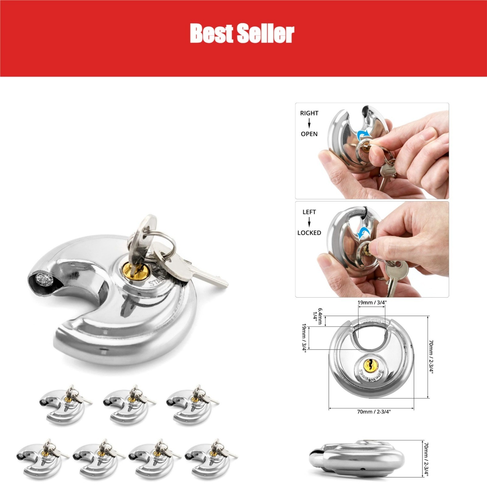 QWORK Keyed Alike Disc Padlock 8 Pack Stainless Steel Locks