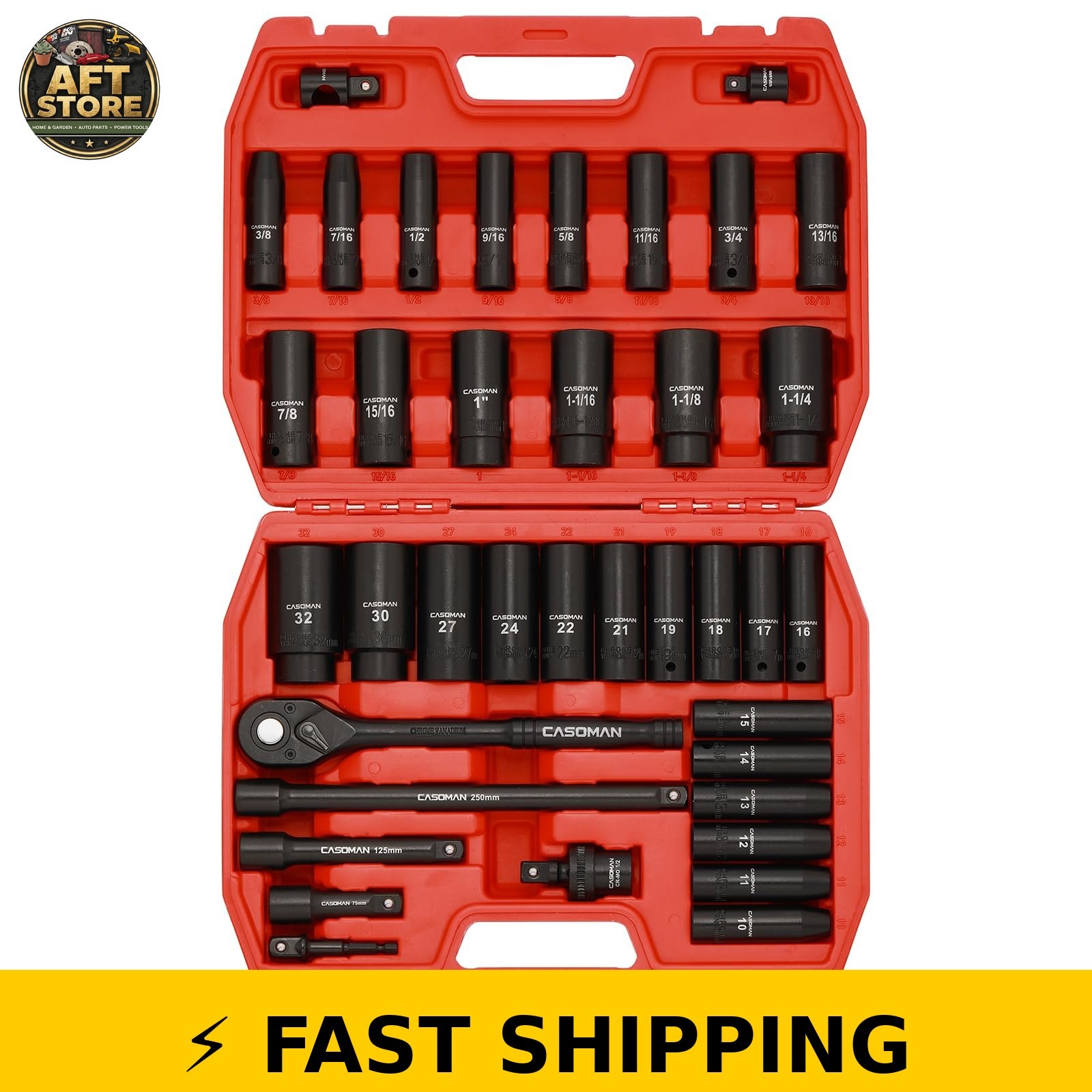 CASOMAN 38-Piece 1/2" Drive Impact Socket Set, SAE & Metric