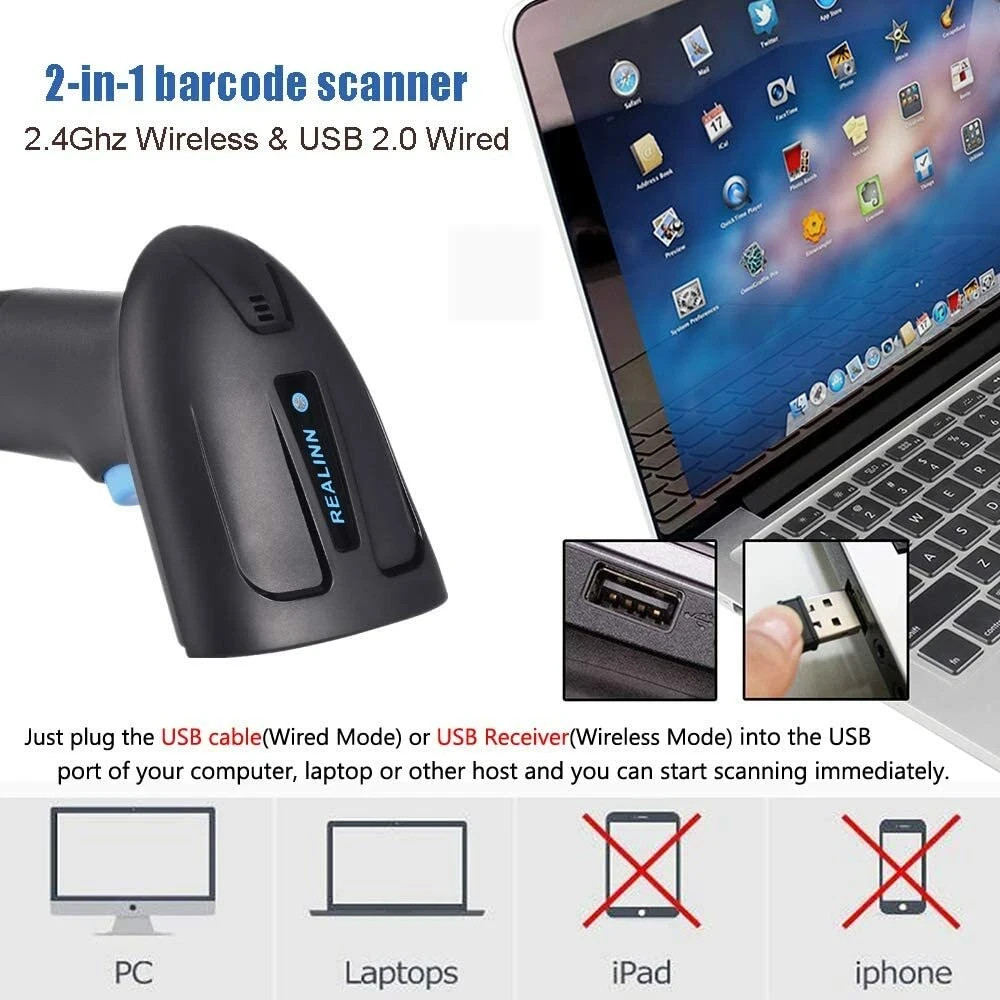 Realinn RL6200BT Wireless/BT/USB Barcode Scanner 1D 2D QR Rechargeable
