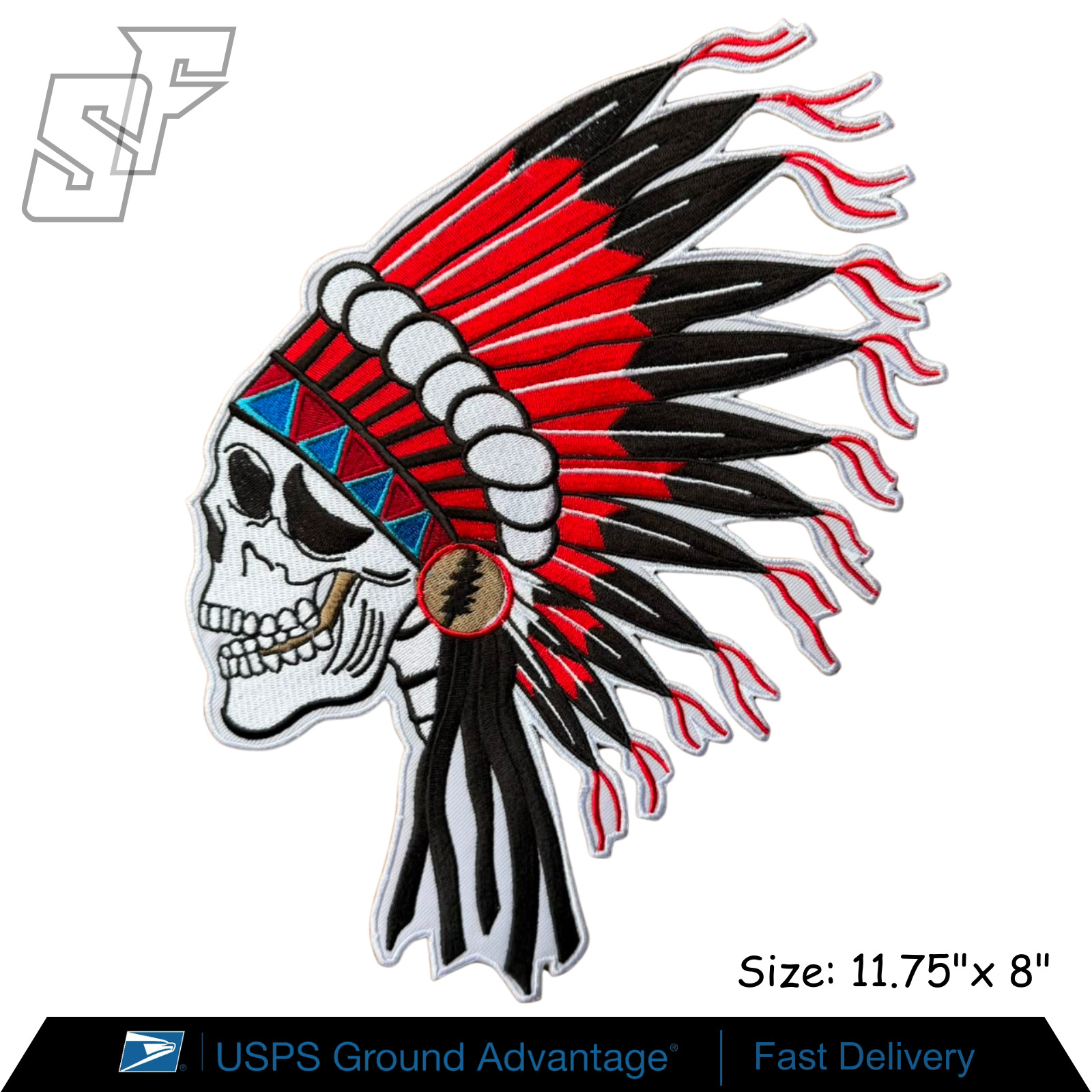 INDIAN CHIEF SKULL Head Death Embroidered Patch Iron On Large 11.75"x8"