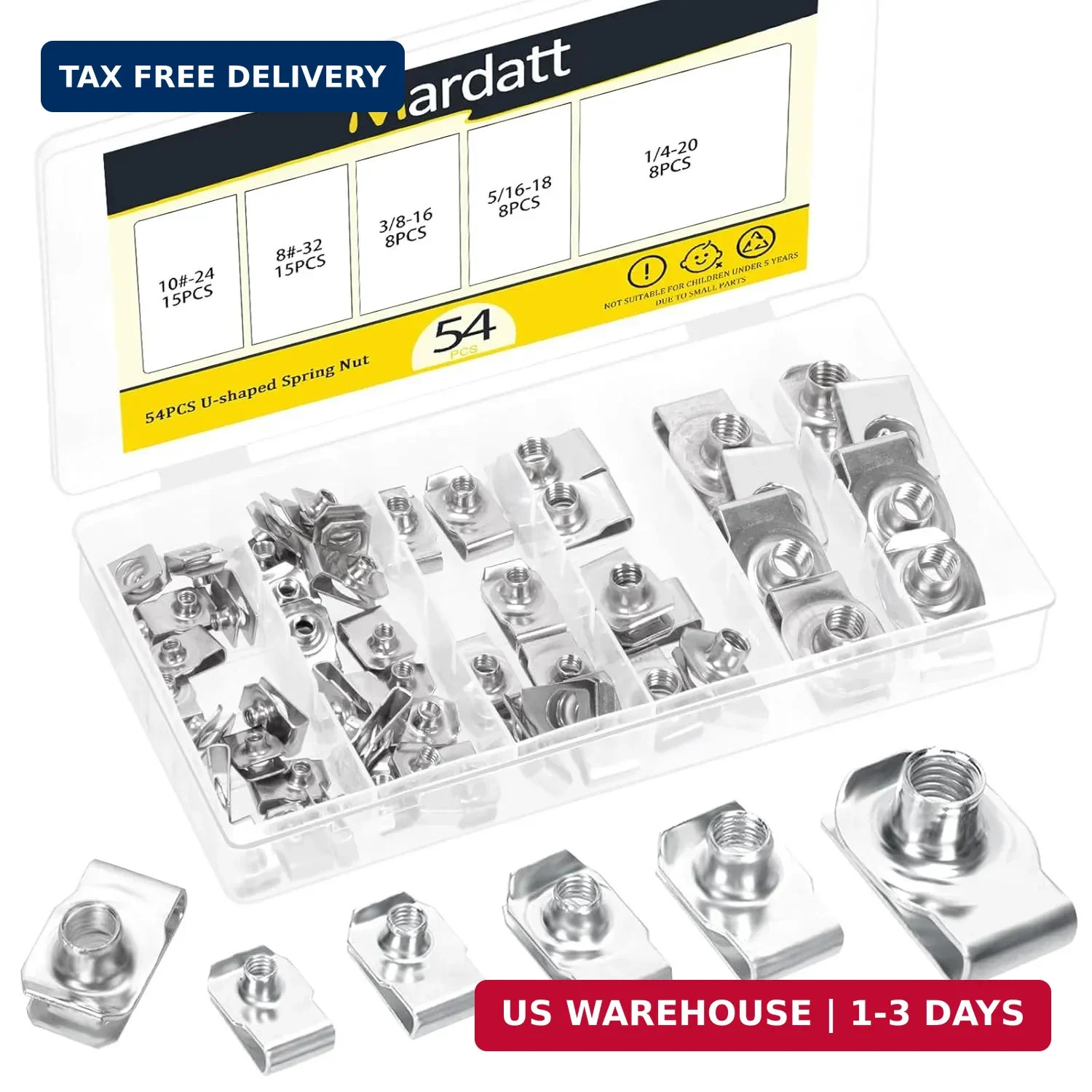 54Pcs SAE Auto Car U-Clip, 1/4"-20, 5/16"-18, 3/8"-16, 8#-32, 10#-24 Automotive