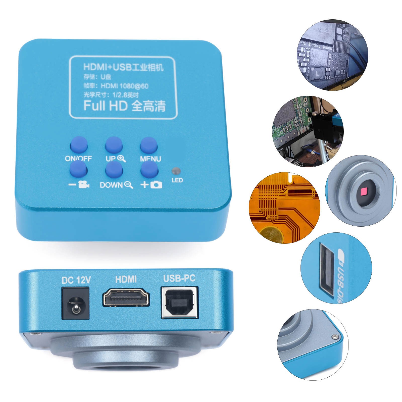 New HD 1080p HDMI Industrial Digital Video Microscope Camera C Mount USB Blue
