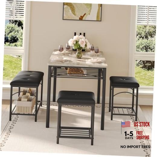 Dining Table Set for 4 with Upholstered Benches and 2 Stools, Modern Grey
