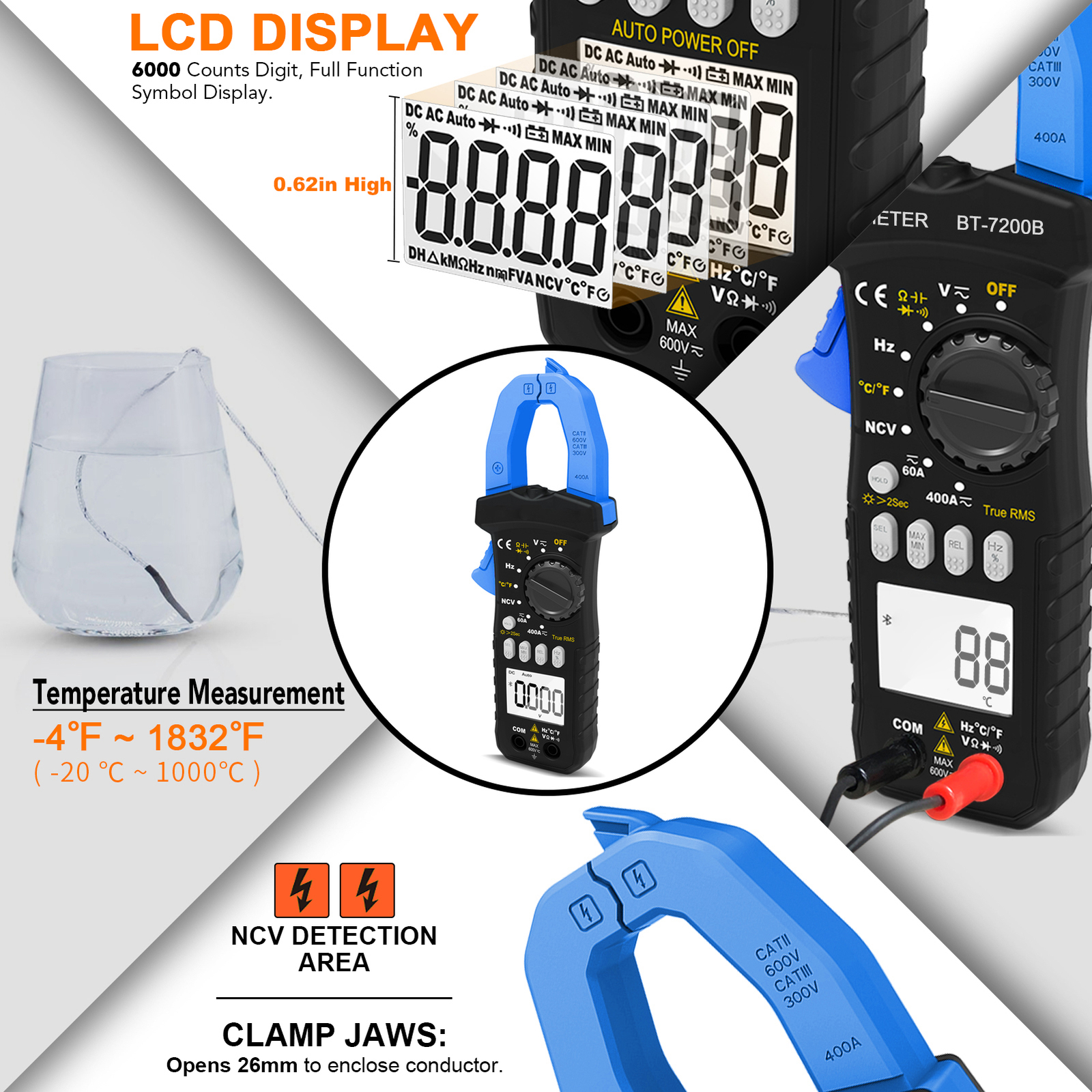 Digital Clamp Meter TRMS AC DC Volt Amp Current Clamp on Voltmeter Multimeter