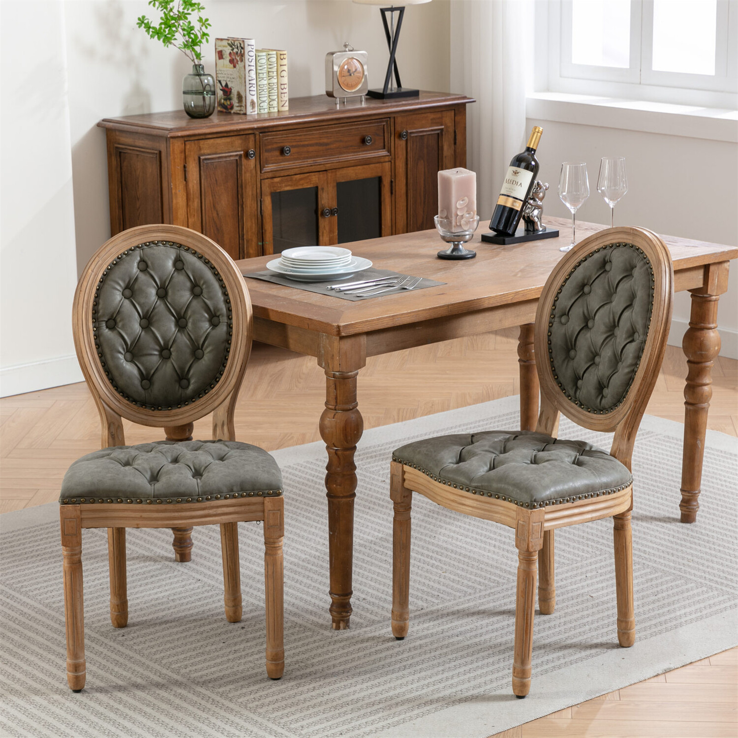 Set of 2 Wood Dining Chair PU Upholstered Kitchen Dining Chair with Wood Legs