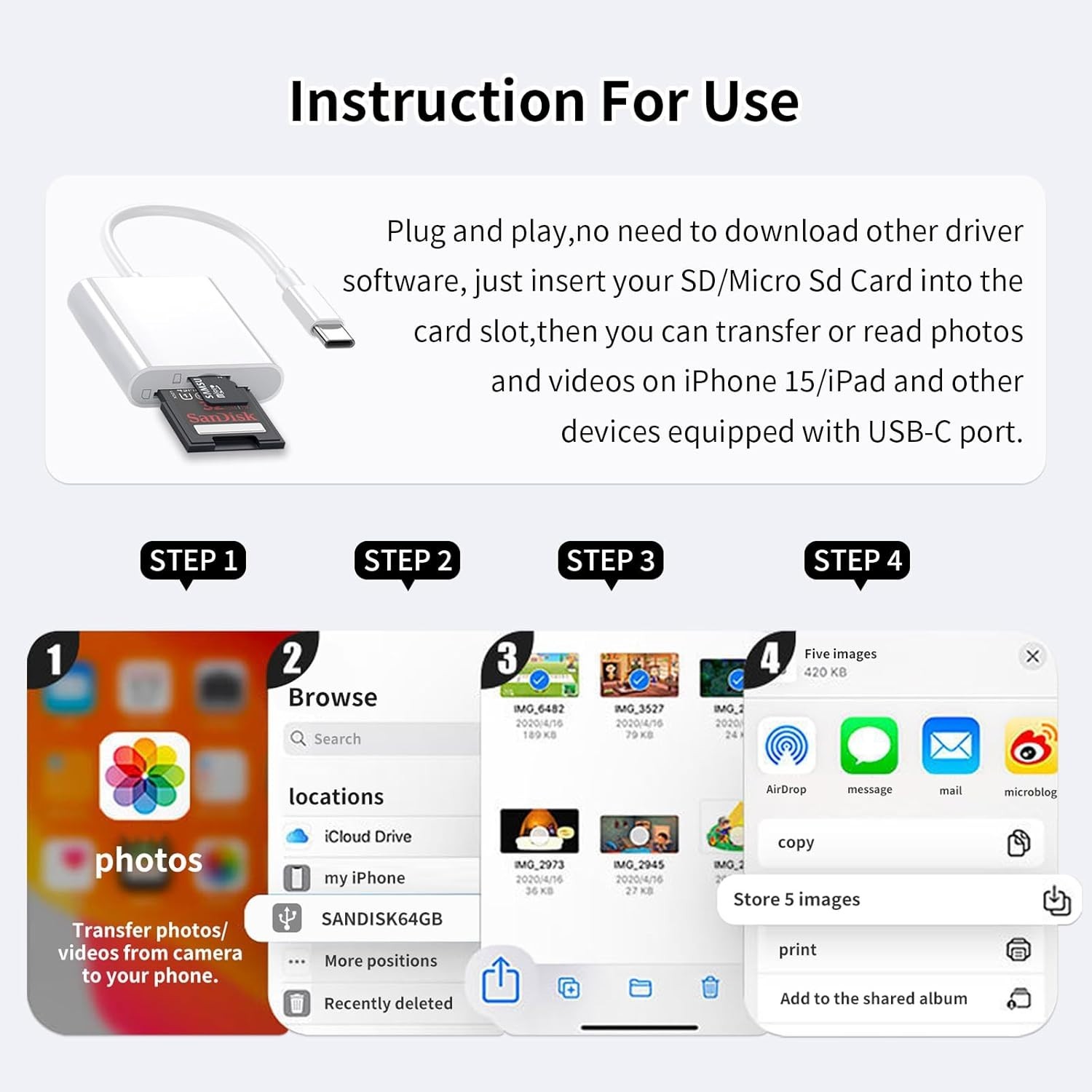 USB-C SD Card Reader for Fast Transfers - Compatible with iPhone 15/16