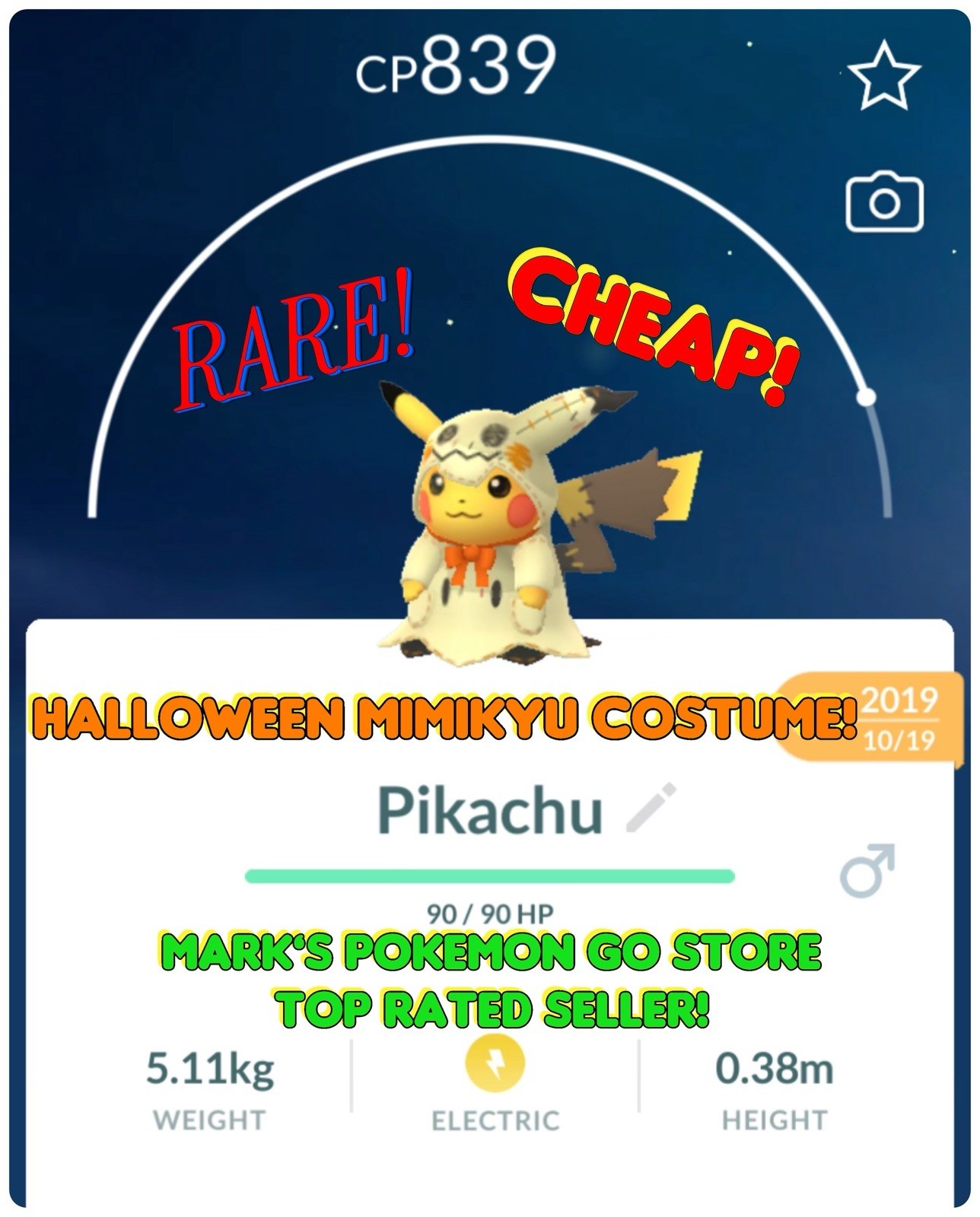 Pokemon (RARE!) Mimikyu Costume Pikachu 2019 Halloween Non Shiny Go