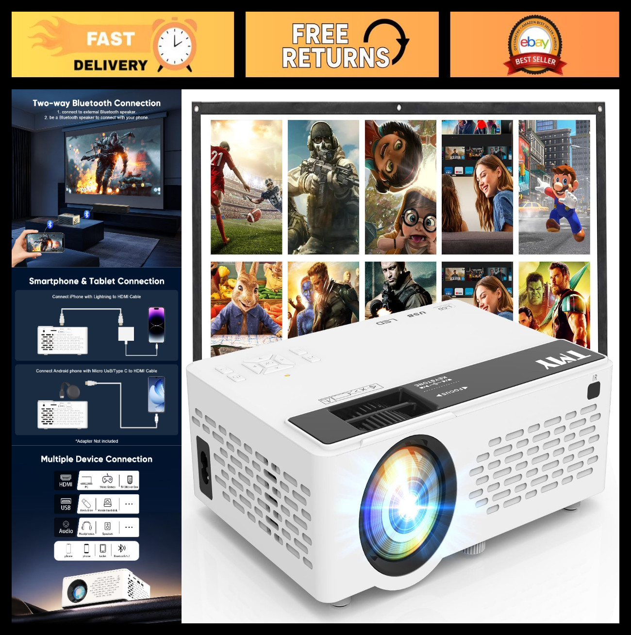 1080P Mini Portable Projector, 2-Way Bluetooth, 80" Screen, Home Theater, HDMI/U