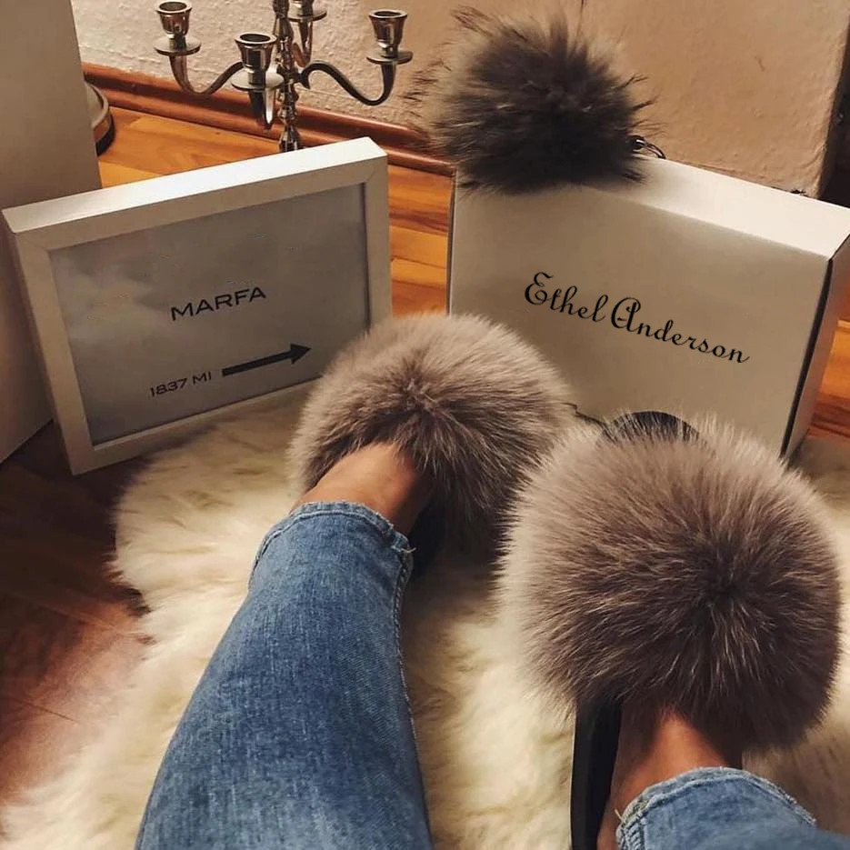 Real Farm Fox Racc00n Fur Furry Slippers Fluffy Slides Plush Women Style U6