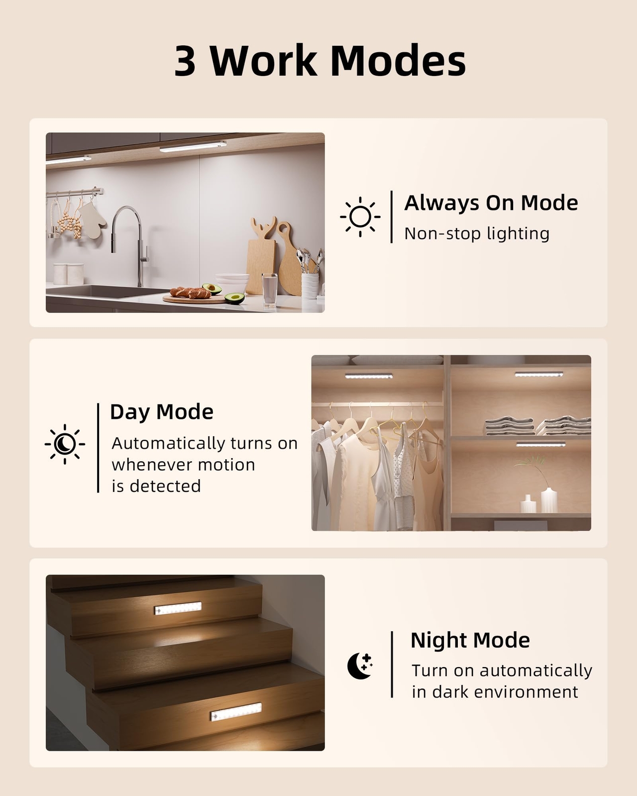 62 LEDs Under Cabinet Lighting 2000mAh LED Closet Lights with Remote 3 Color ...
