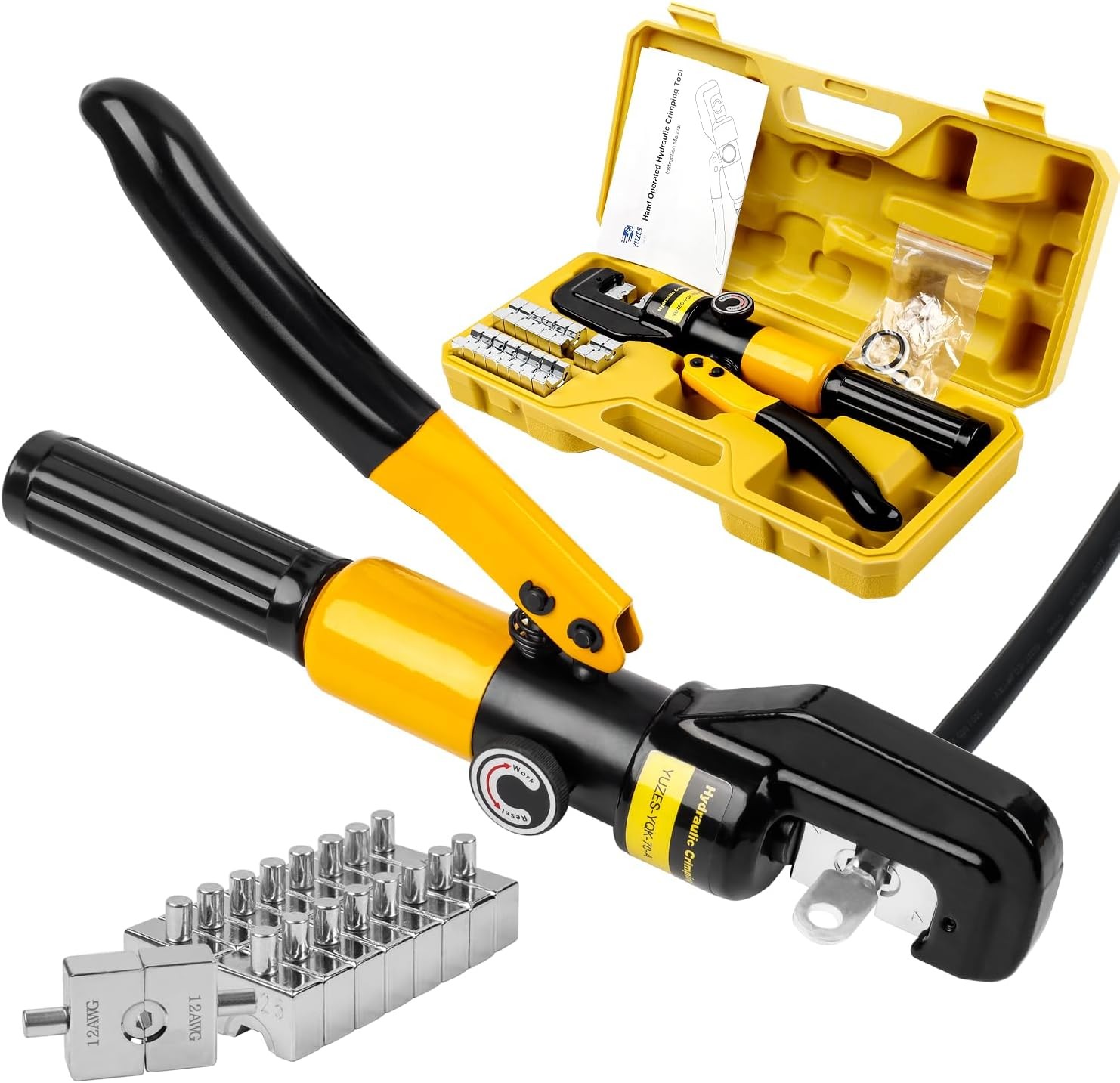 Hydraulic Crimping Tool 10 Ton Battery Cable Crimper 12AWG to 2/0 with 9 Dies