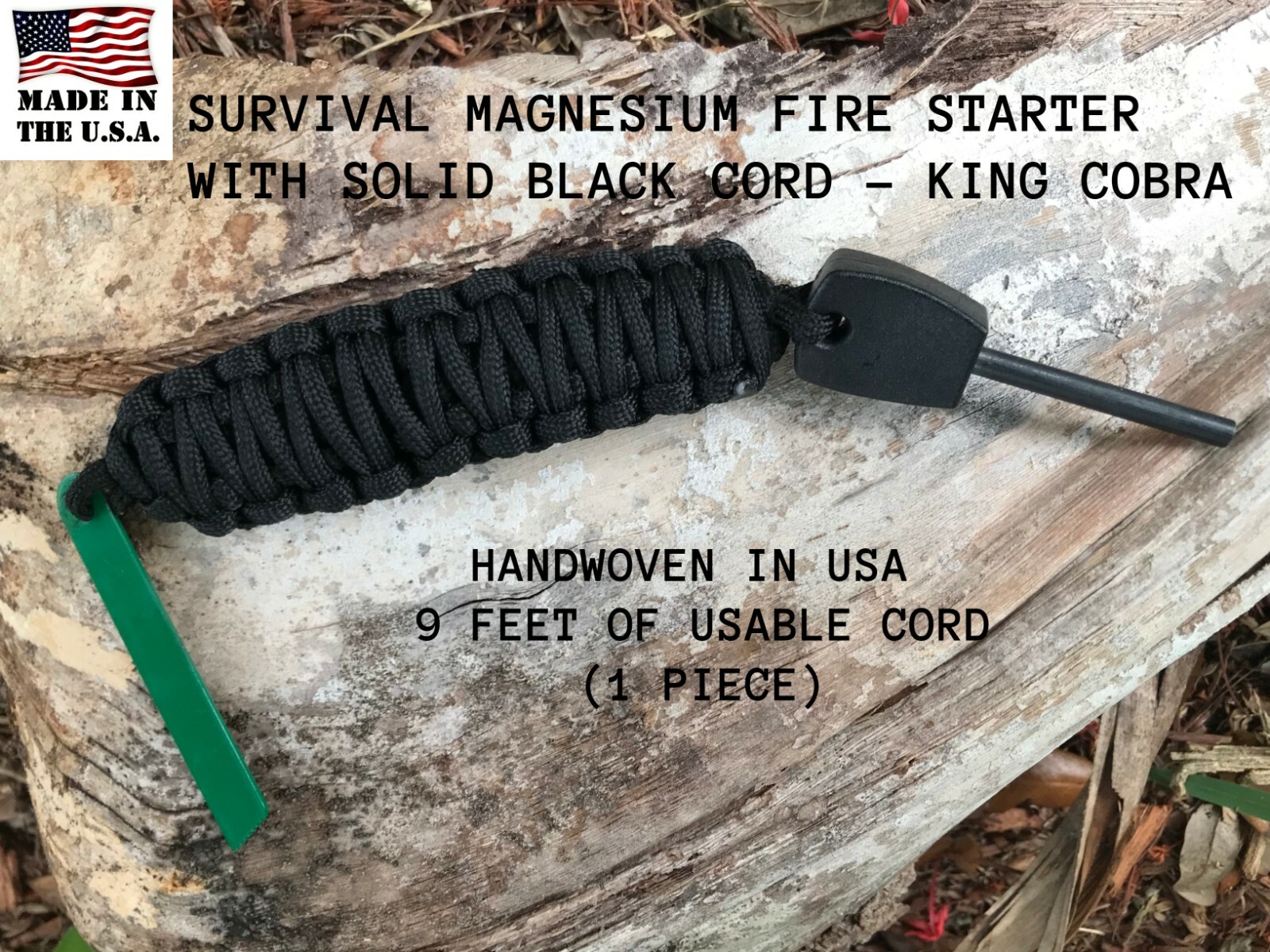 USA Black King Cobra Emergency Survival Paracord Fire Starter Stick Rod Scraper