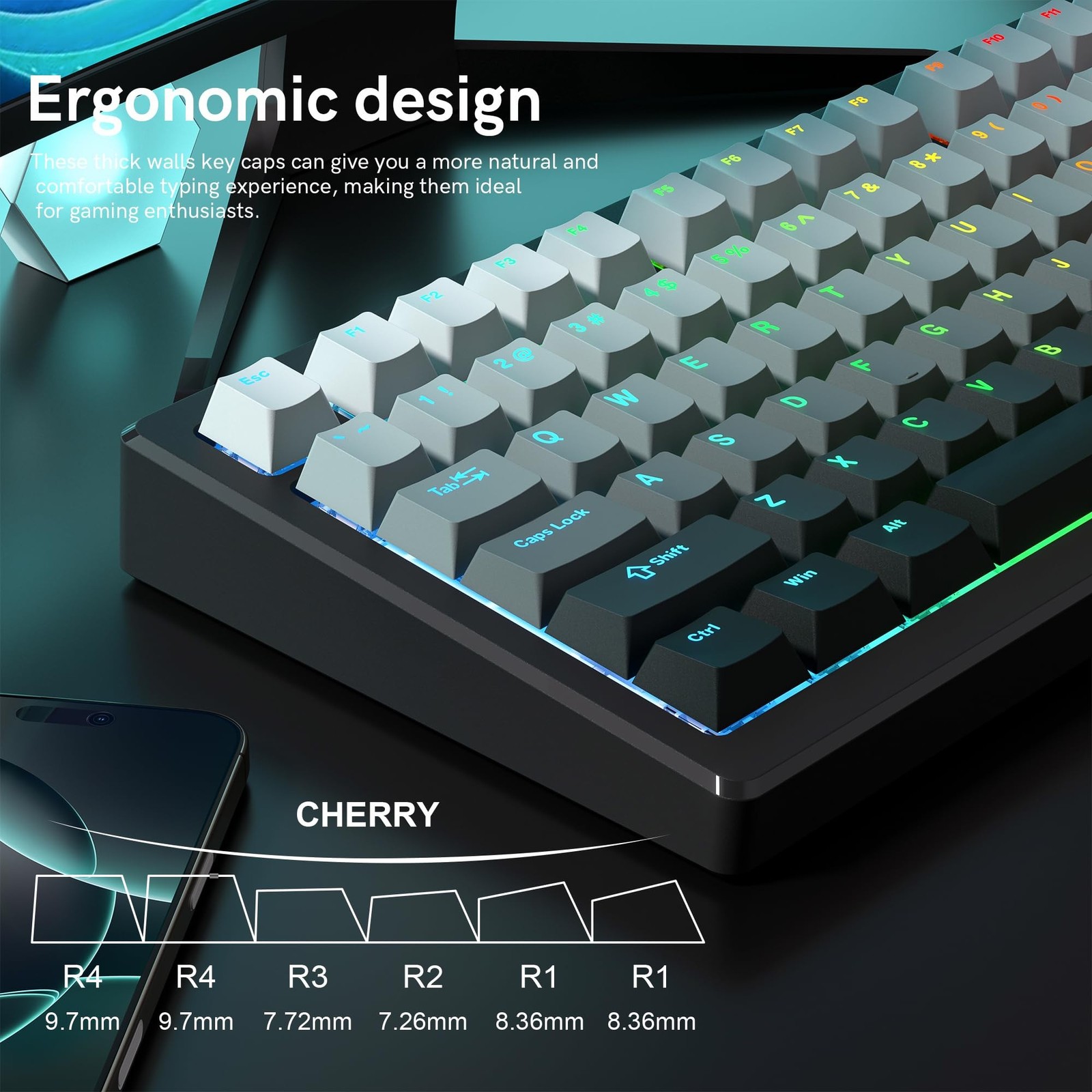 PBT Key caps, Double Shot Shine Through Custom Keycaps, Gradient Keycaps Cher...