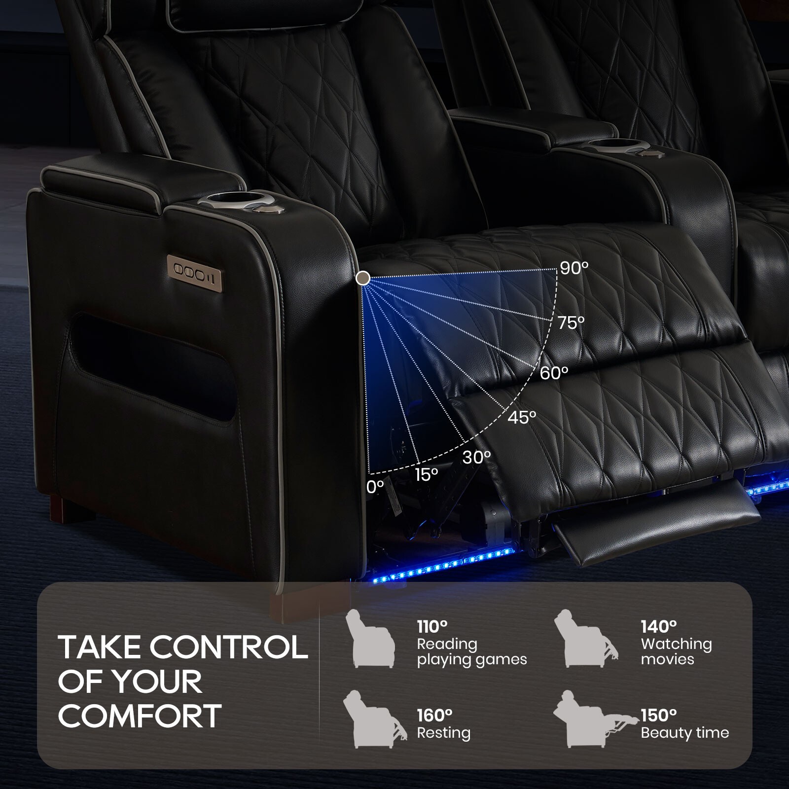 Home Theater Seating Power Recline Sofa With Powered Headrests, Table
