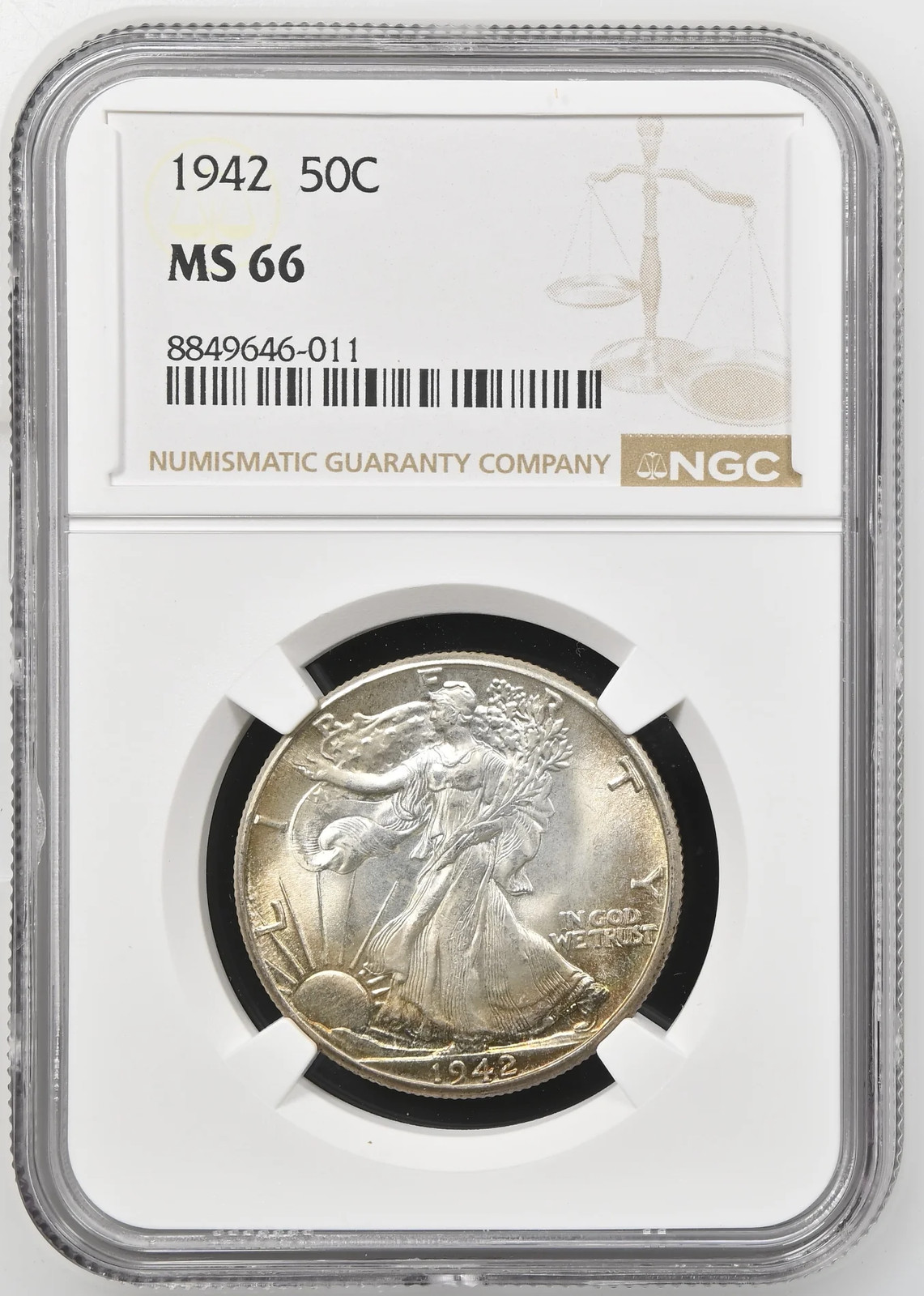 1942 Walking Liberty Half Dollar NGC MS-66 PQ TONED