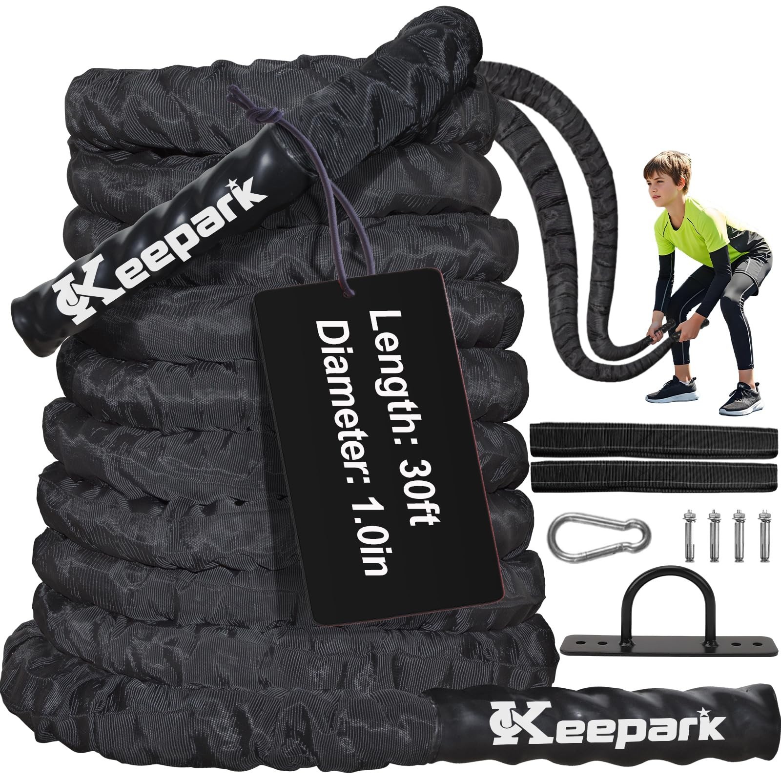 Battle Ropes for Home Gym 1 Inch Diameter 30FT Length Workout Rope Exercise R...