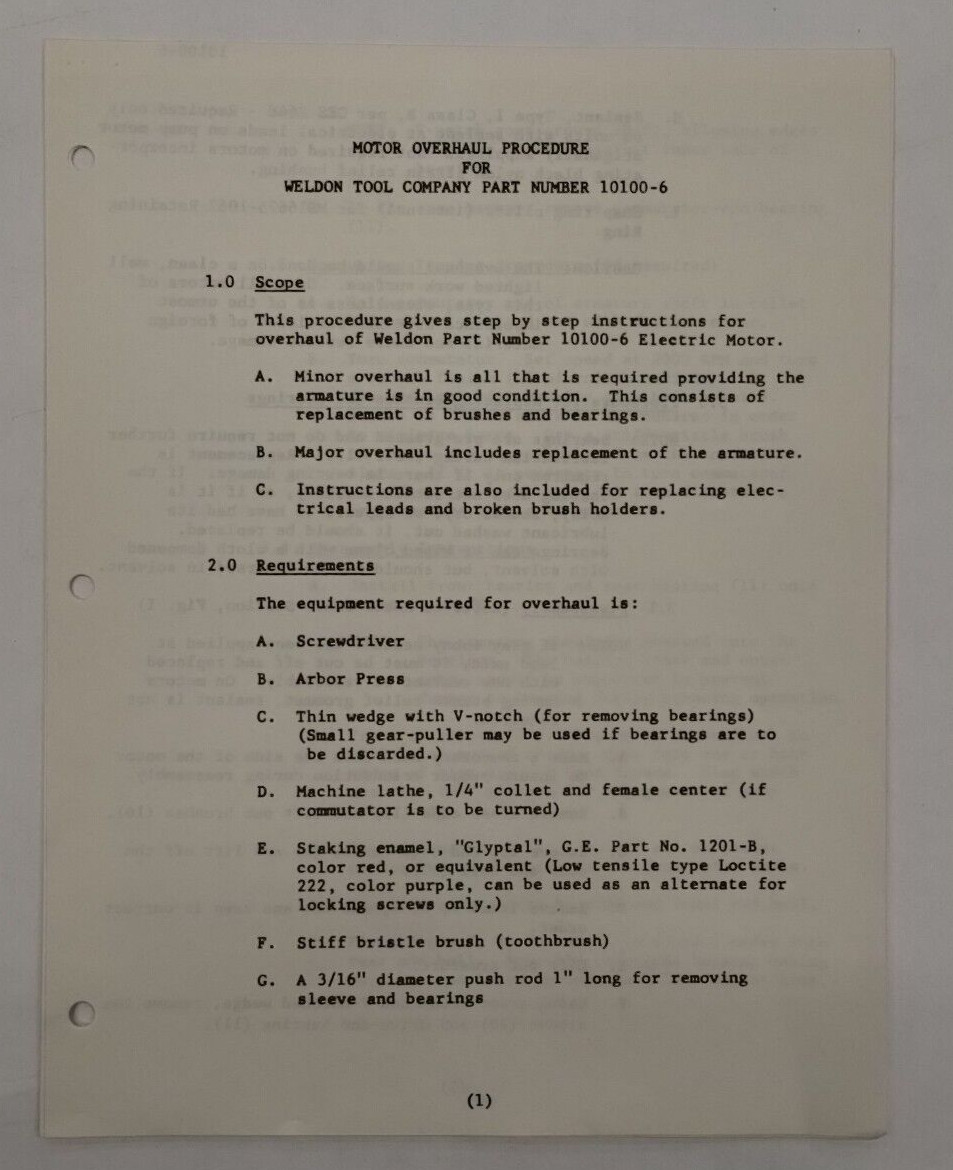 Weldon Tool Company Part No 10100-6 Motor Overhaul Procedure -Original