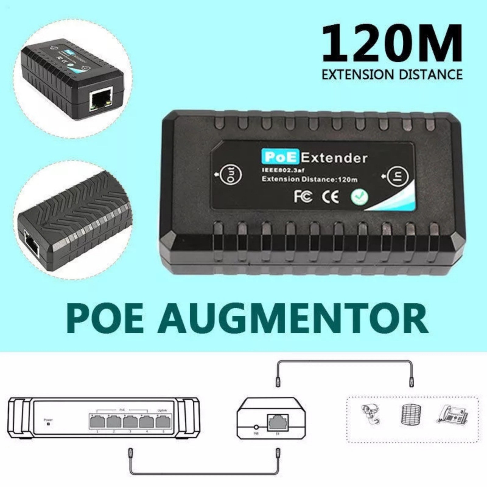 1 Port 10/100M POE Extender IEEE802.3af For Ethernet Security Systems IP Camera