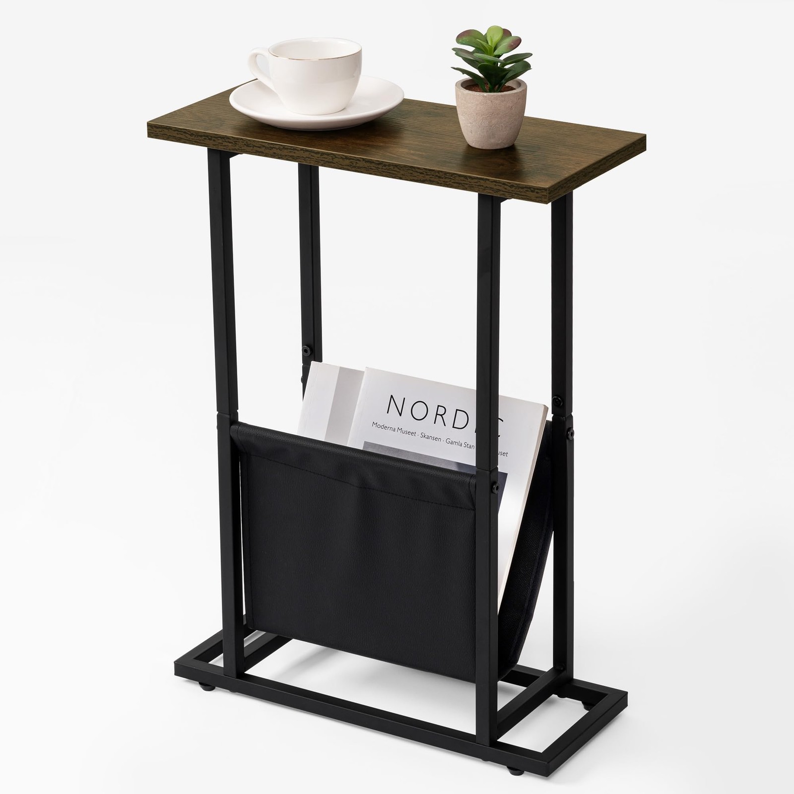 Narrow Brown Metal Side Table Nightstand PU Leather Magazine Basket Bag