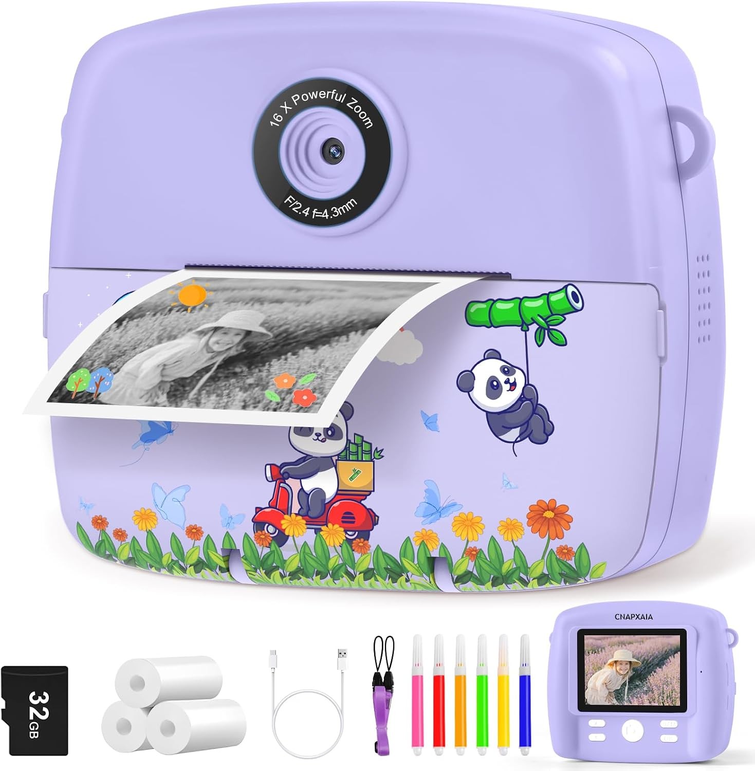 Kids Instant Print Camera, 1080P Digital Camera for Kids with 32GB Card, 16X Dig