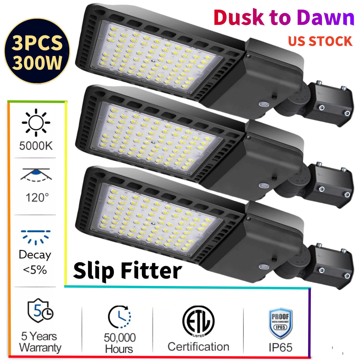 3PCS LED Parking Lot Light 300W,LED Shoebox Pole Light Adjustable Slip Fit Mount