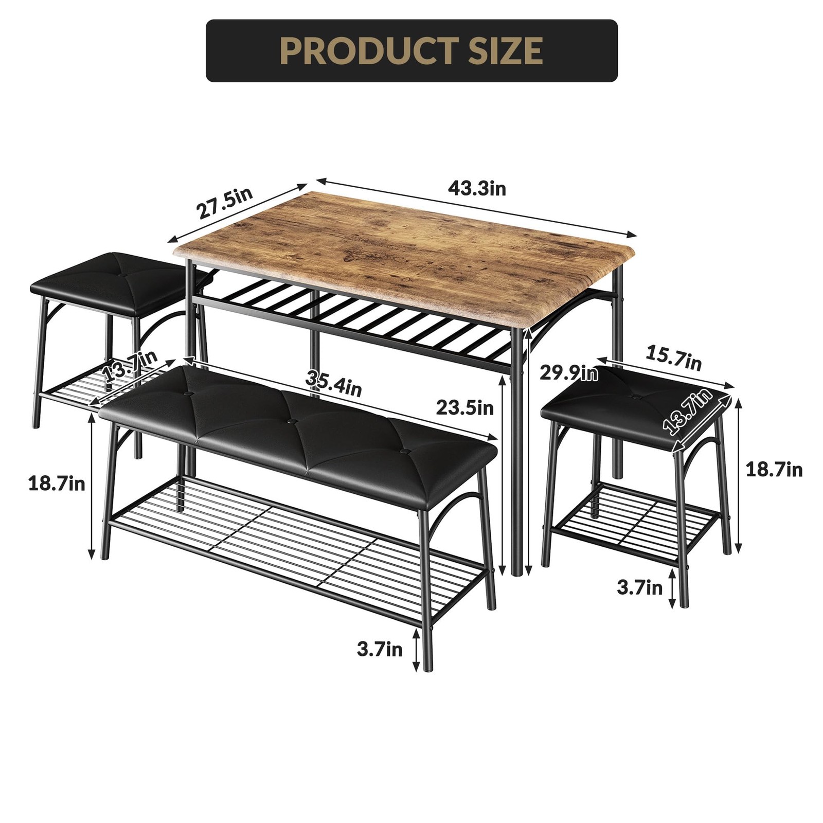 4PCS Dining Set w/ Storage Shelf, Kitchen Table w/ Upholstered Bench & 2 Stools