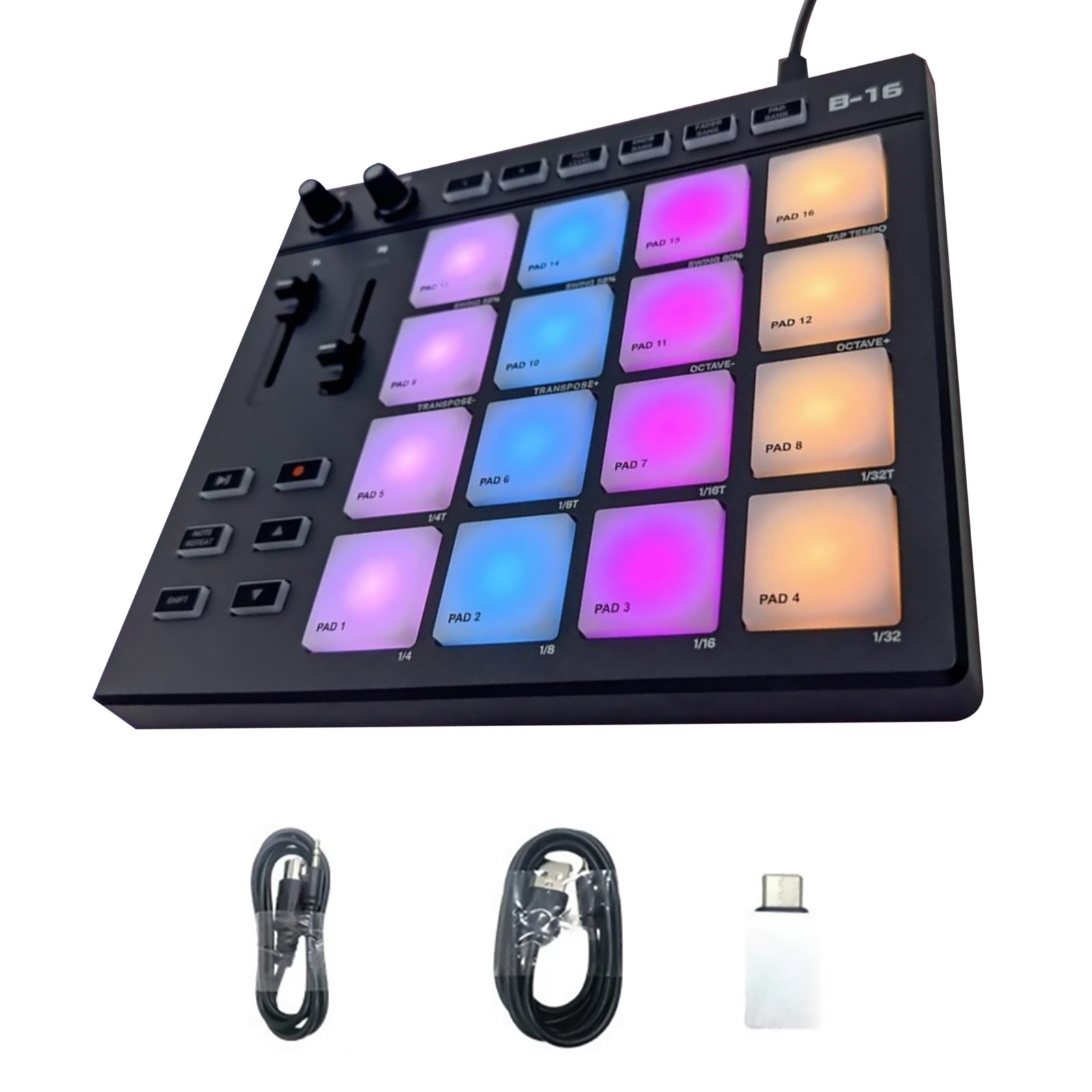 Protable USB MIDI Controller Beat Maker 16 Beat Pads 2 Fader Knobs Drum Machine
