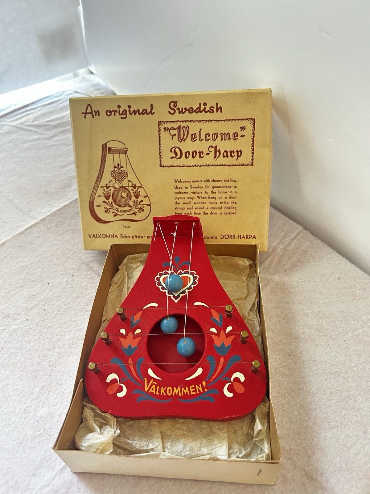 Vintage Swedish Wooden Door Harp VALKOMMEN Welcome Chimes Scandinavian Folk Art