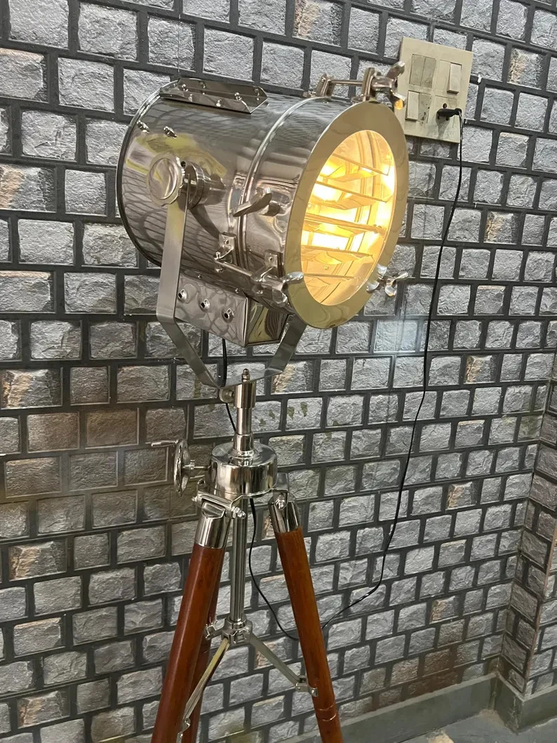 Handmade Industrial Floor Lamp: Nautical Spotlight with Wooden Tripod