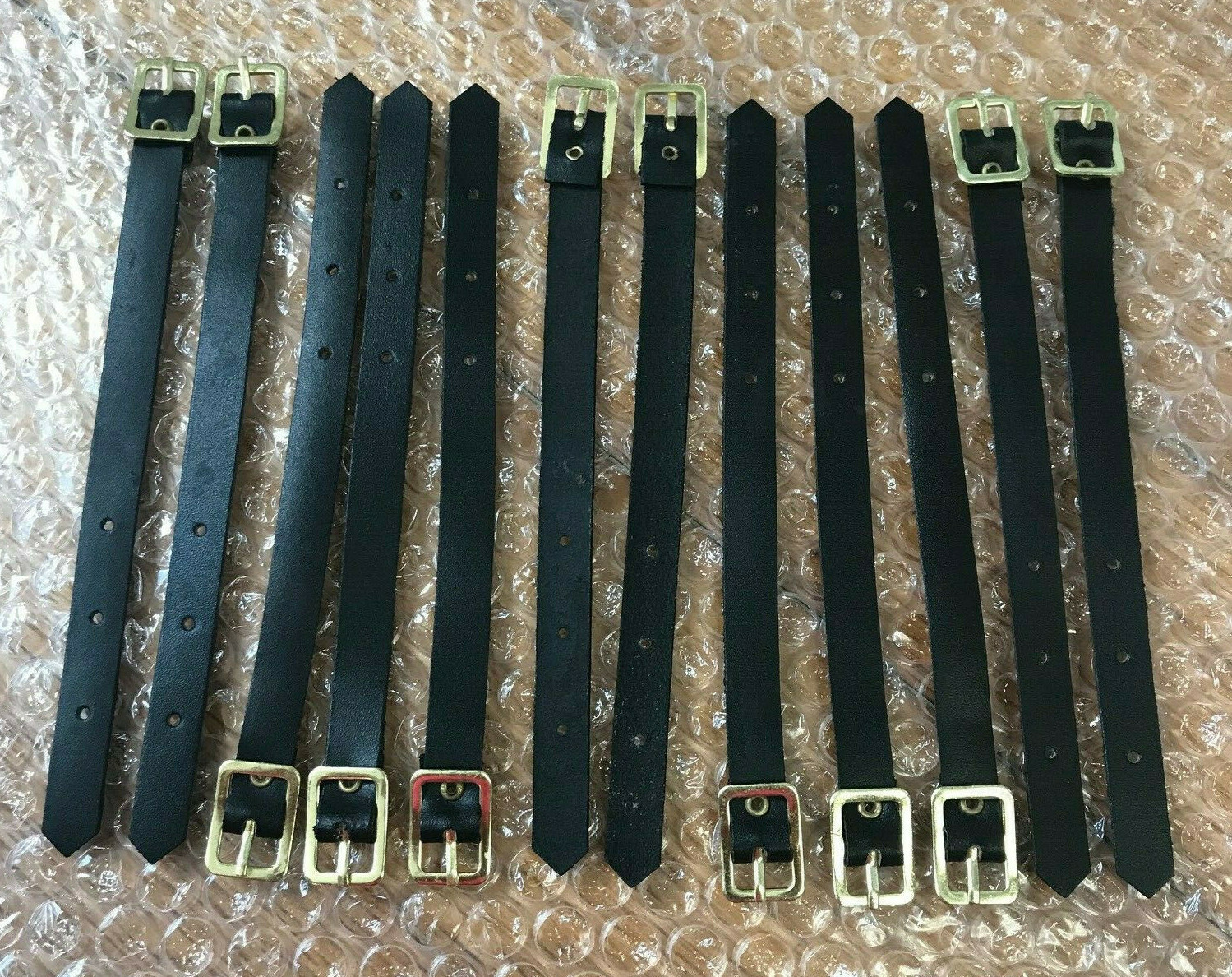Qty 12 LUGGAGE STRAPS 5-11/16" Black Leather Gold Buckle for ID Tags or Crafts